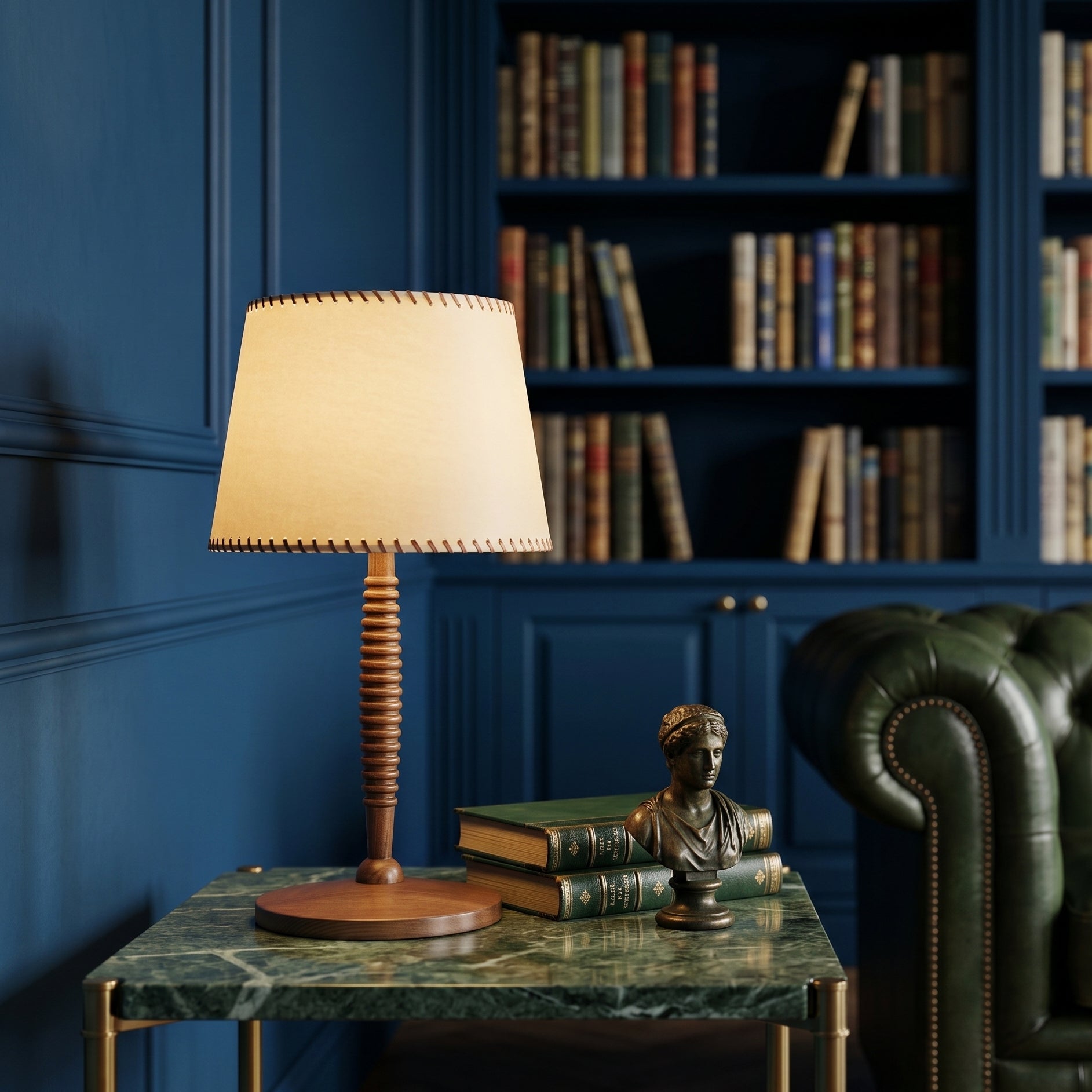 Rondley Table Lamp – Wooden Turned Base Fabric Shade Hand Stitched Bedside Living Room Decorative Lighting