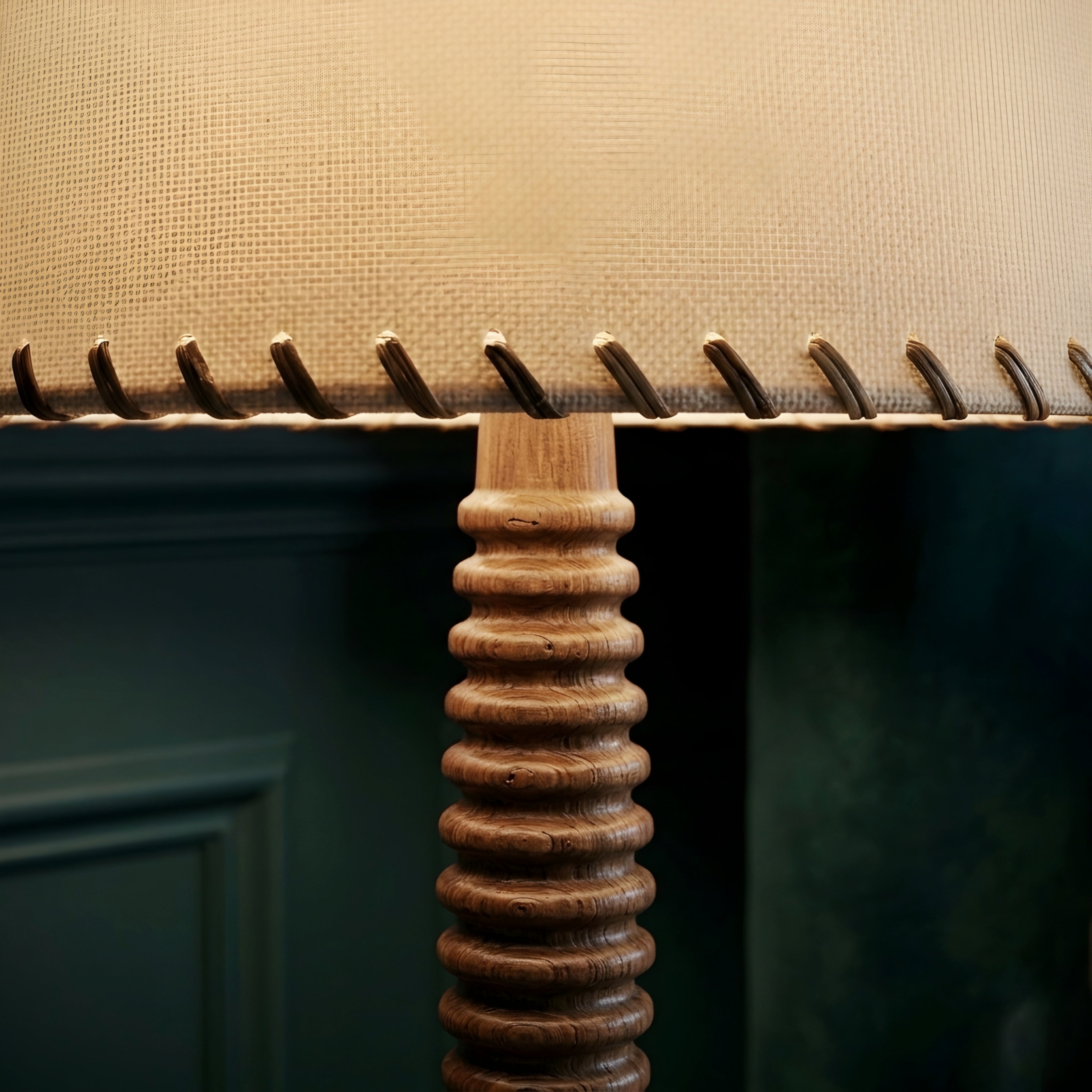 Rondley Table Lamp – Wooden Turned Base Fabric Shade Hand Stitched Bedside Living Room Decorative Lighting