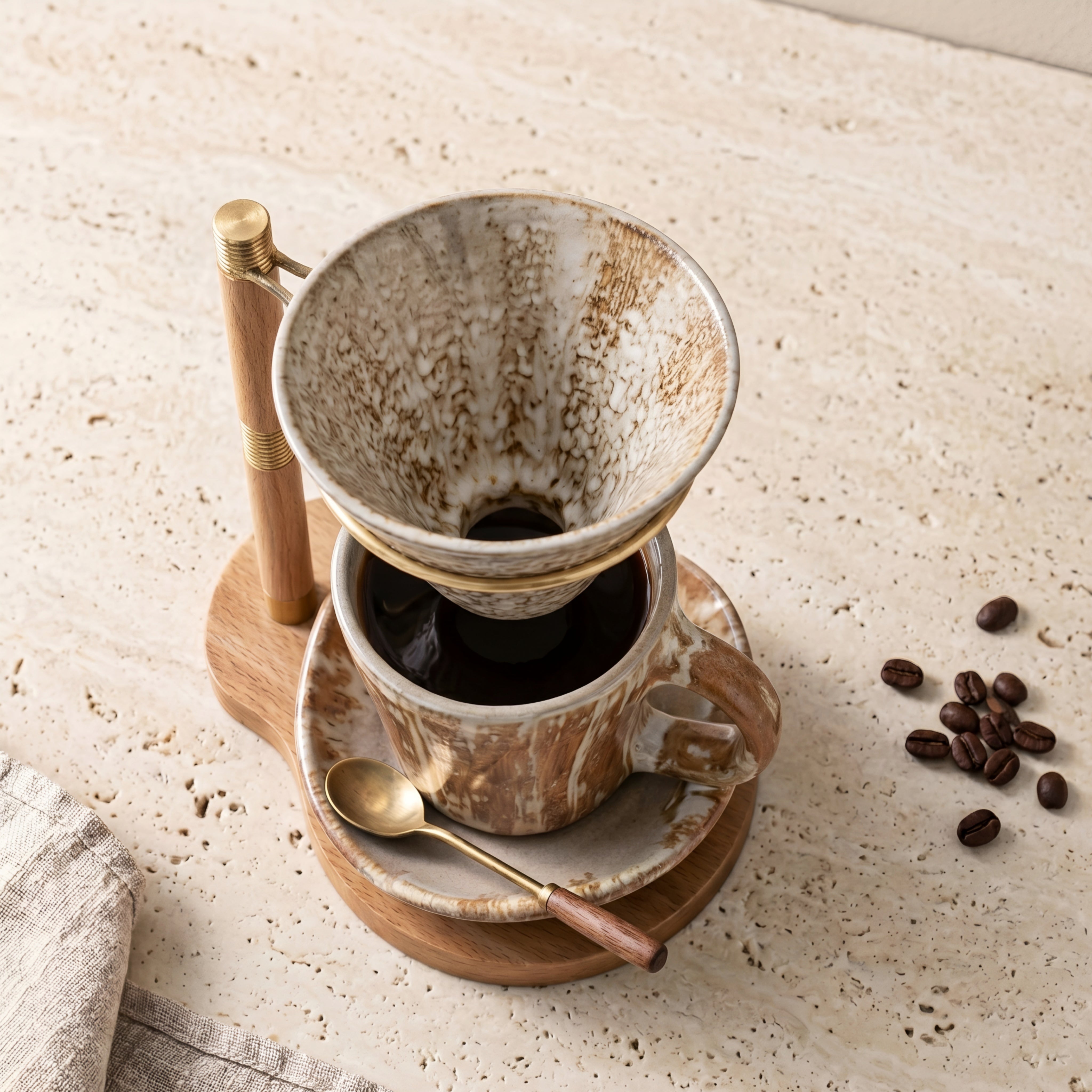 Hikari Pour-Over Coffee Dripper Set – Ceramic Handmade Artisan Coffee Maker Wood Stand Gold Accent