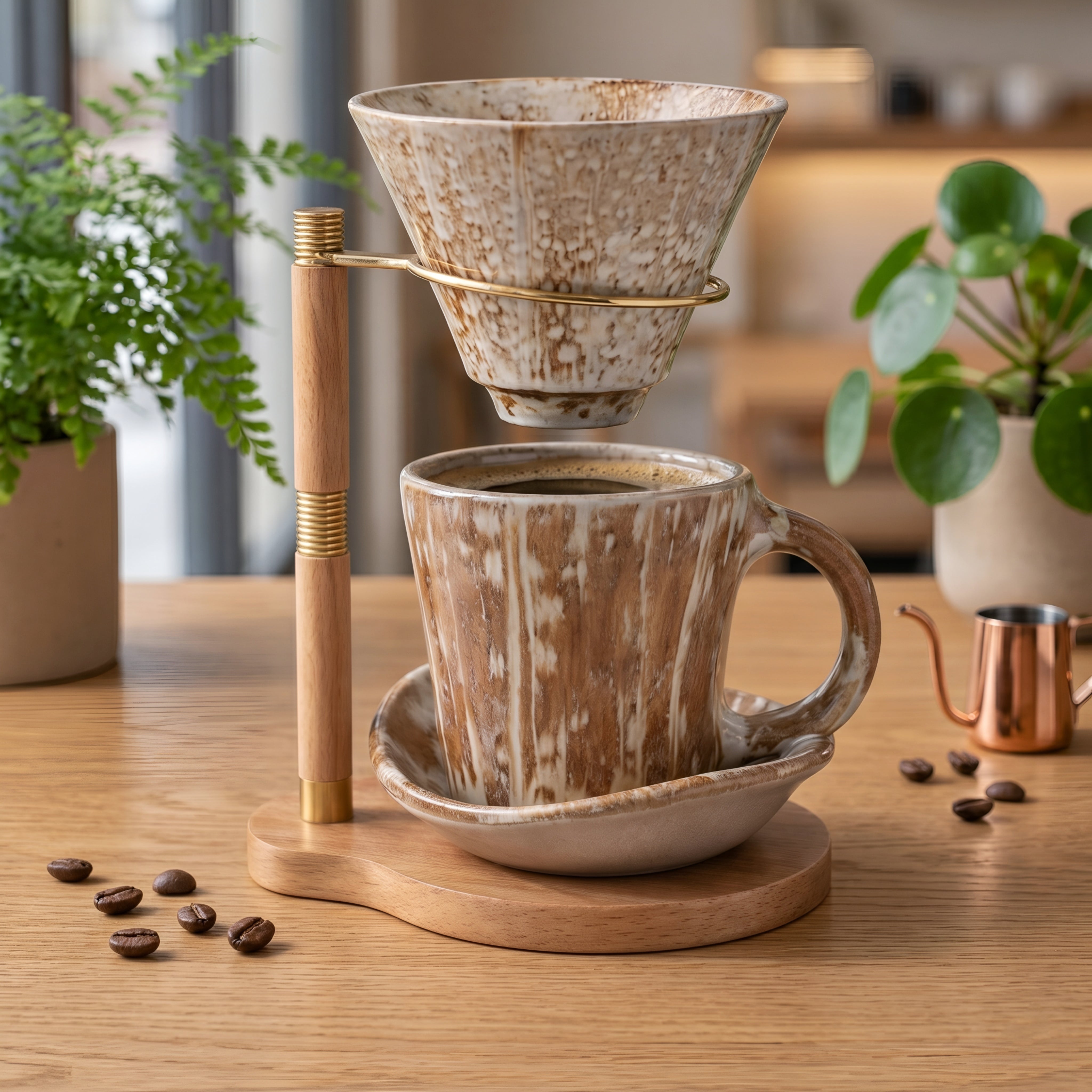 Hikari Pour-Over Coffee Dripper Set – Ceramic Handmade Artisan Coffee Maker Wood Stand Gold Accent