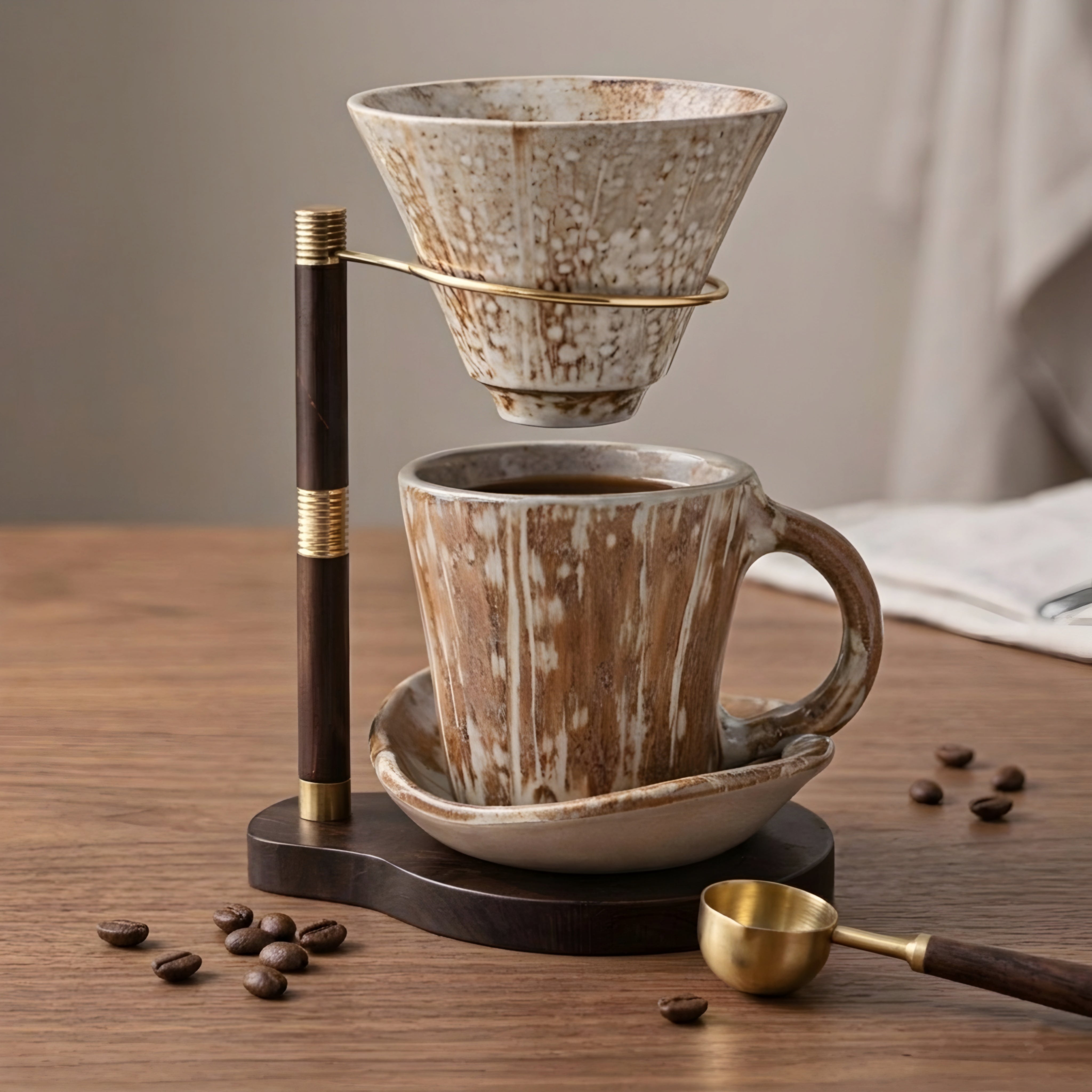 Hikari Pour-Over Coffee Dripper Set – Ceramic Handmade Artisan Coffee Maker Wood Stand Gold Accent