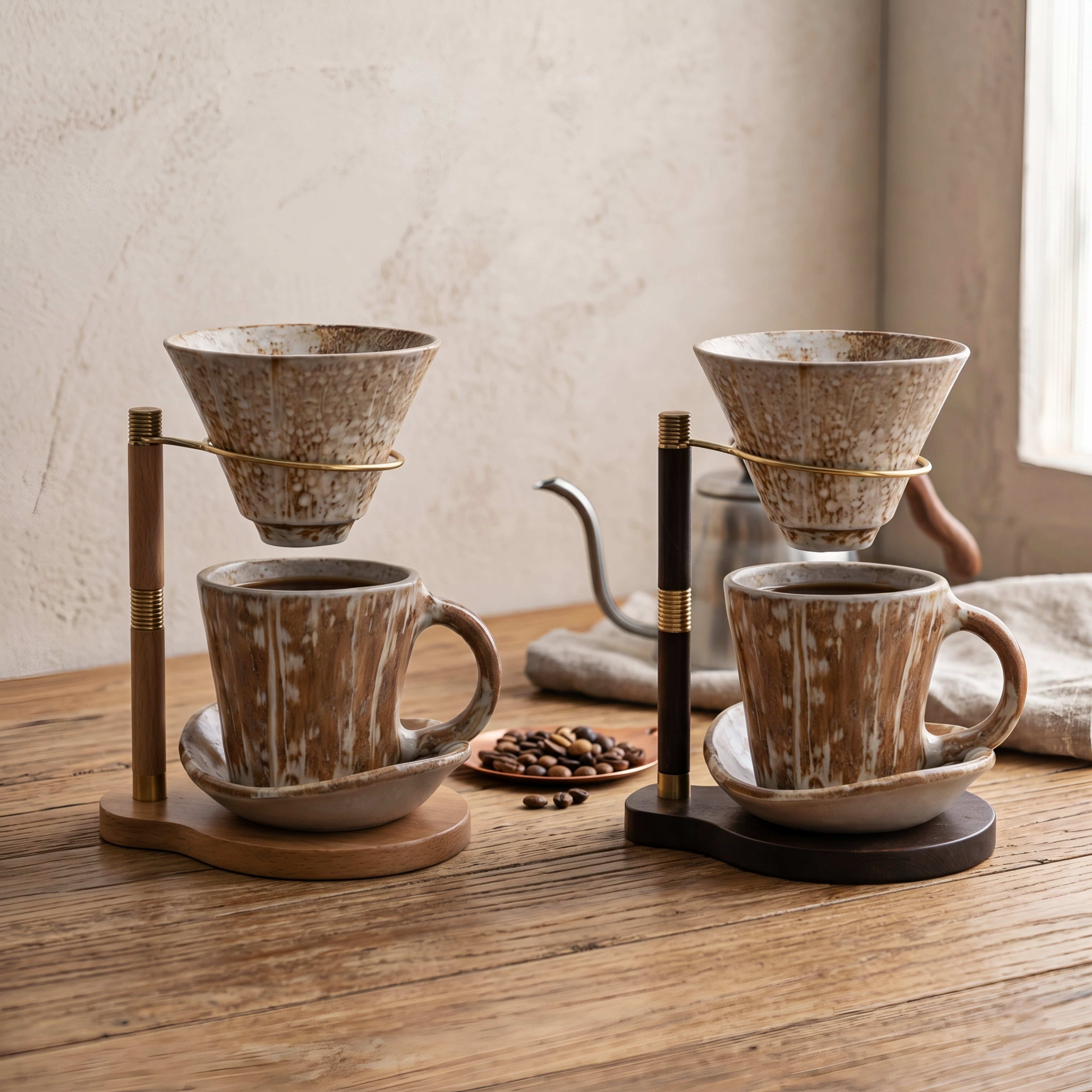 Hikari Pour-Over Coffee Dripper Set – Ceramic Handmade Artisan Coffee Maker Wood Stand Gold Accent