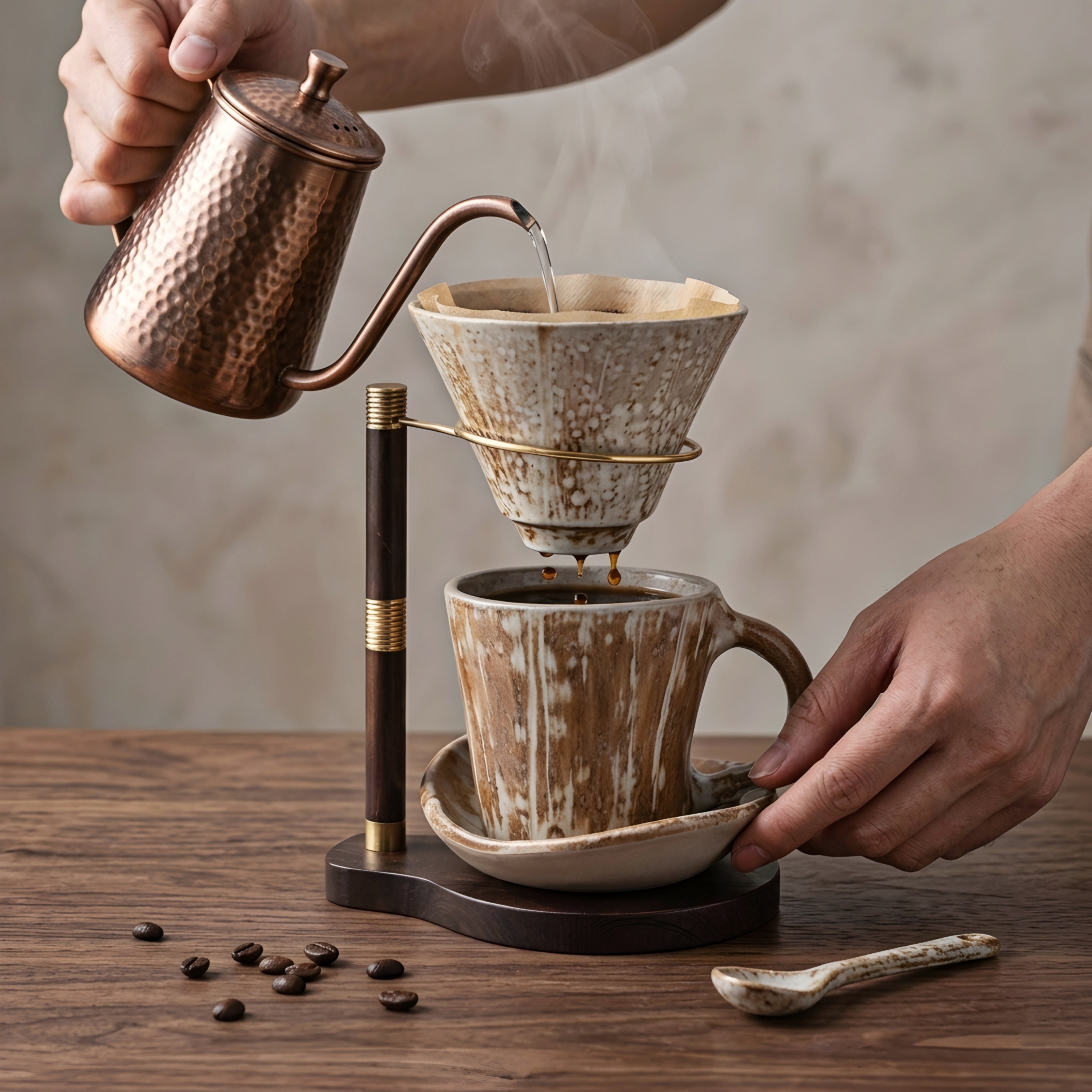 Hikari Pour-Over Coffee Dripper Set – Ceramic Handmade Artisan Coffee Maker Wood Stand Gold Accent