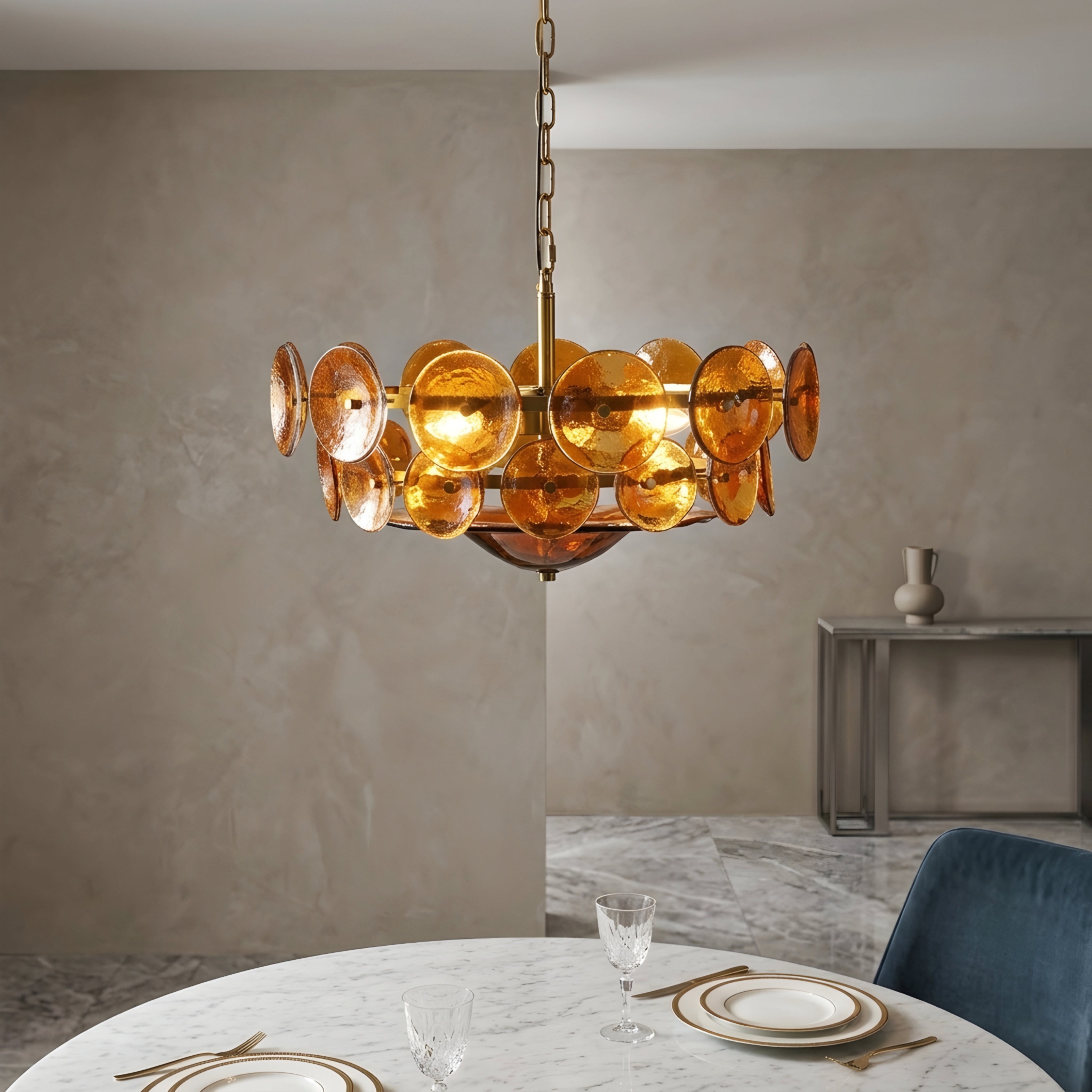 Velari Disc Chandelier – Amber Glass Pendant Light Dining Room Living Room Modern Decorative Lighting