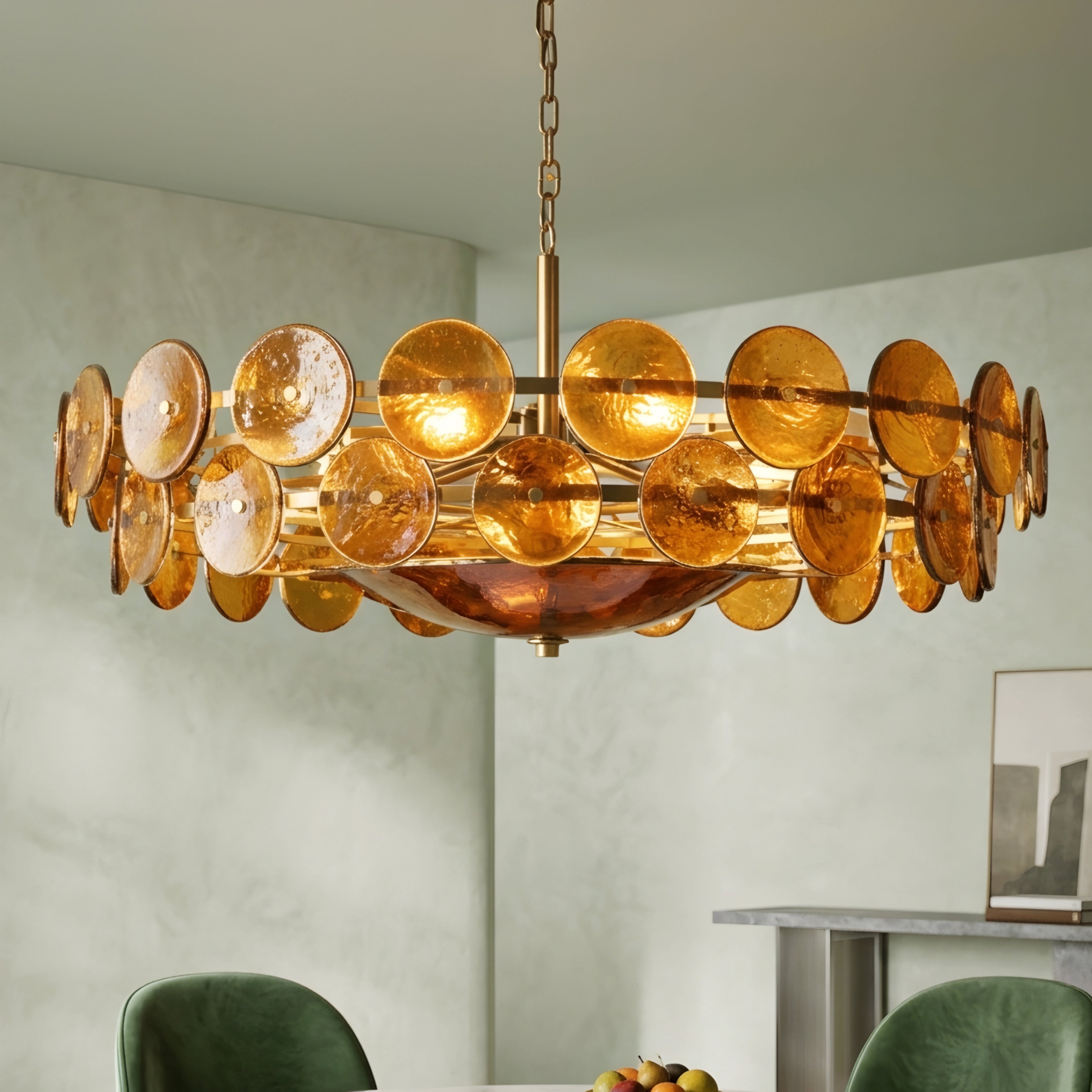 Velari Disc Chandelier – Amber Glass Pendant Light Dining Room Living Room Modern Decorative Lighting