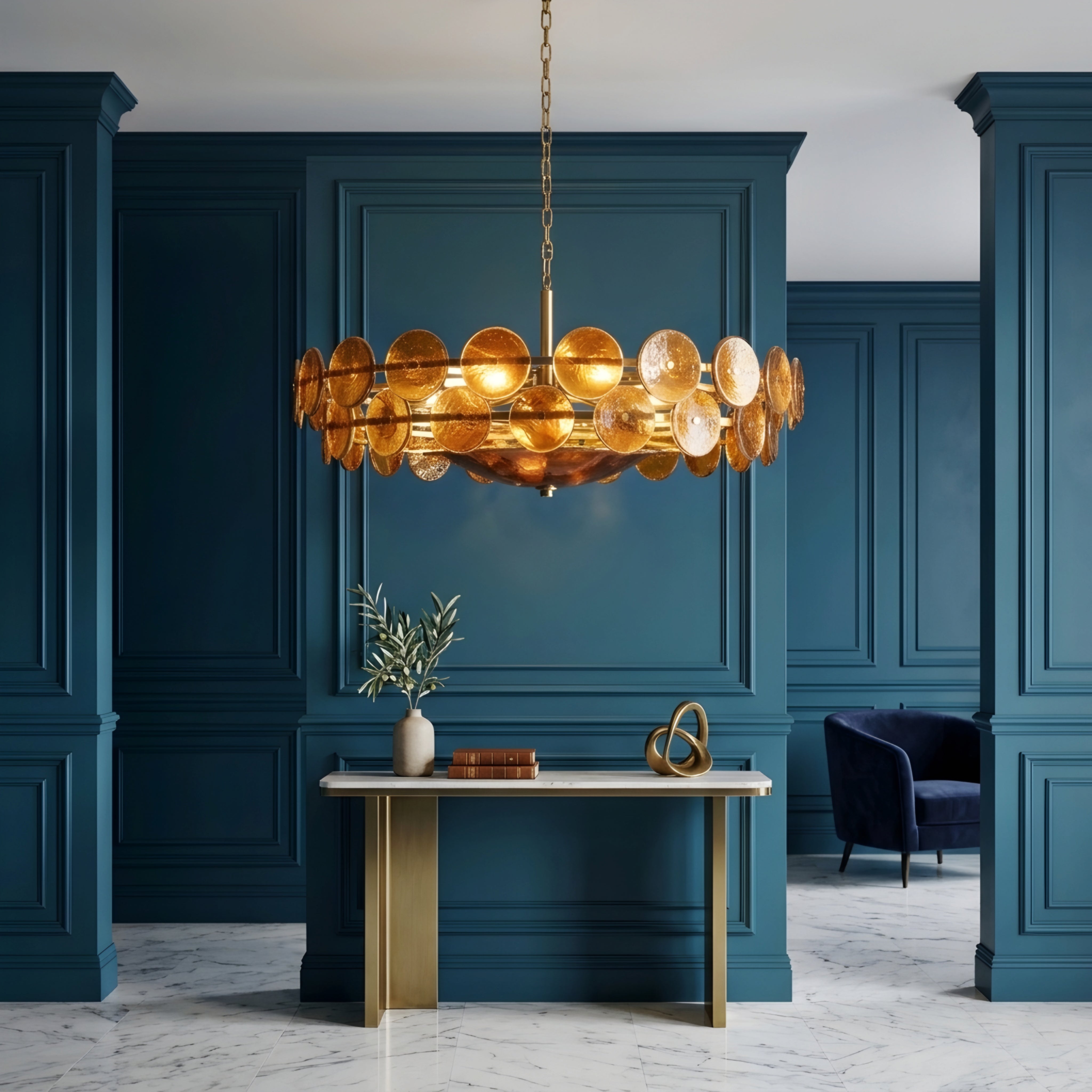 Velari Disc Chandelier – Amber Glass Pendant Light Dining Room Living Room Modern Decorative Lighting