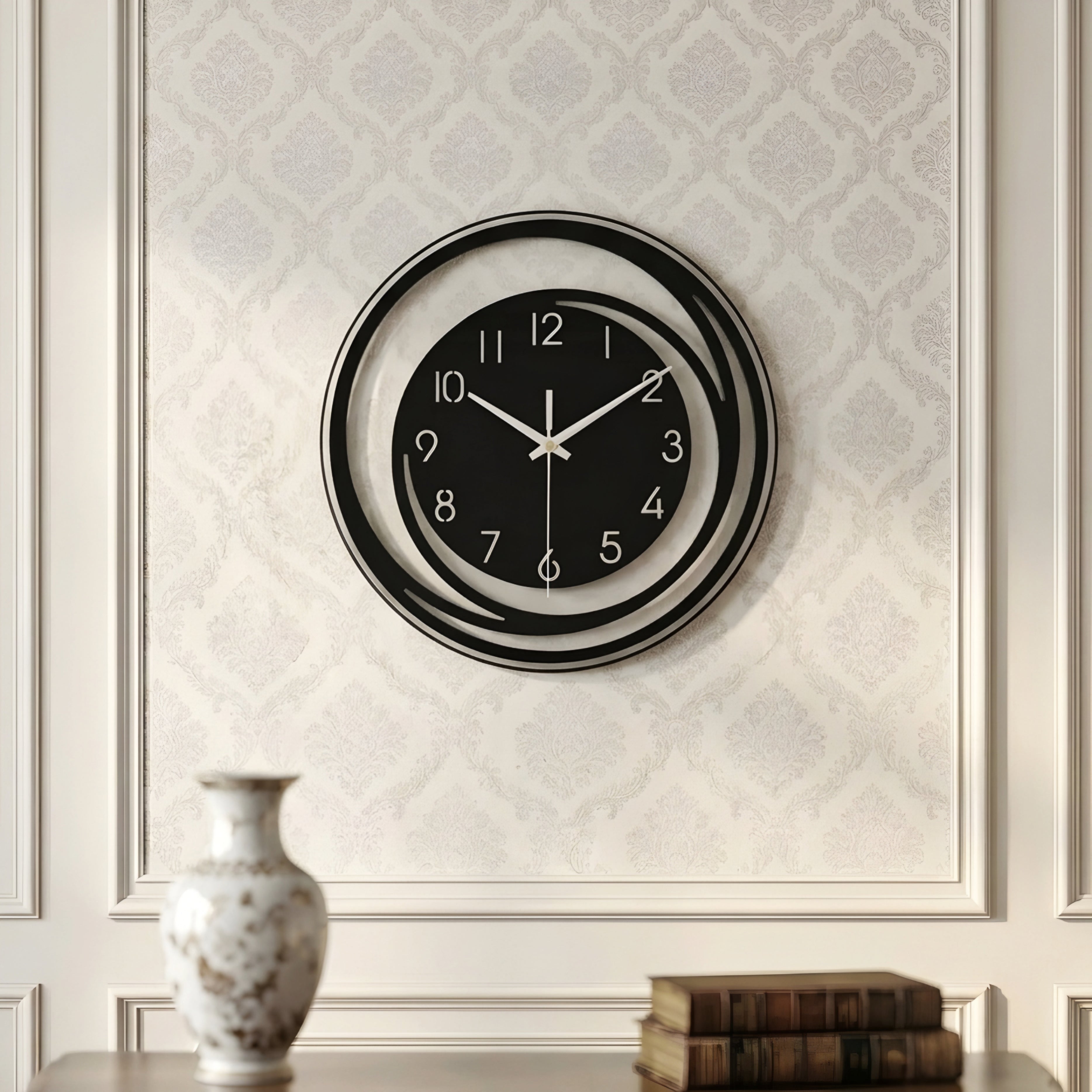 Helion Orbit Wall Clock – Modern Black White Round Decorative Living Room Bedroom Silent Quartz