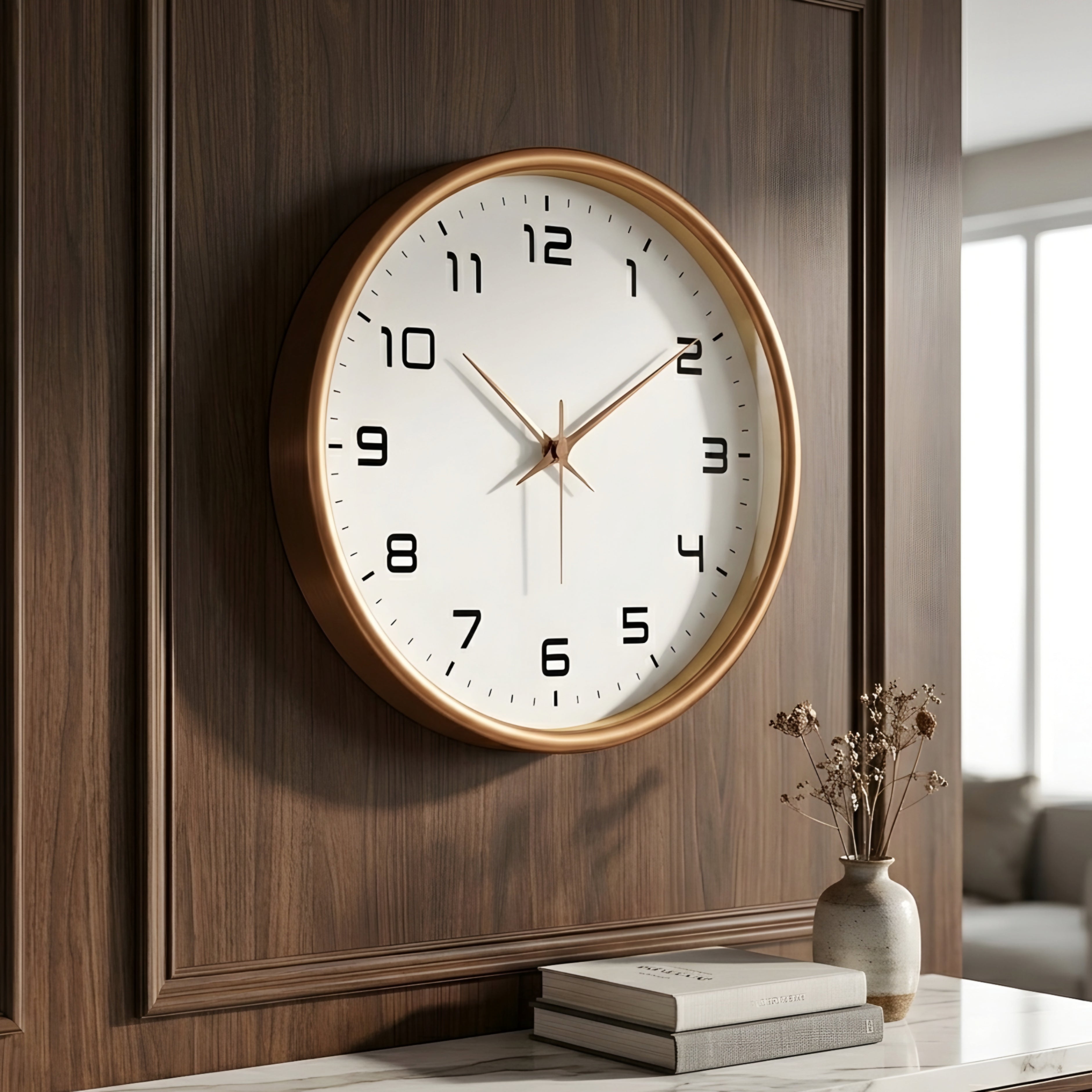 Copperlyn Round Wall Clock – Modern Minimalist Rose Gold Metal Frame White Face Silent Sweep