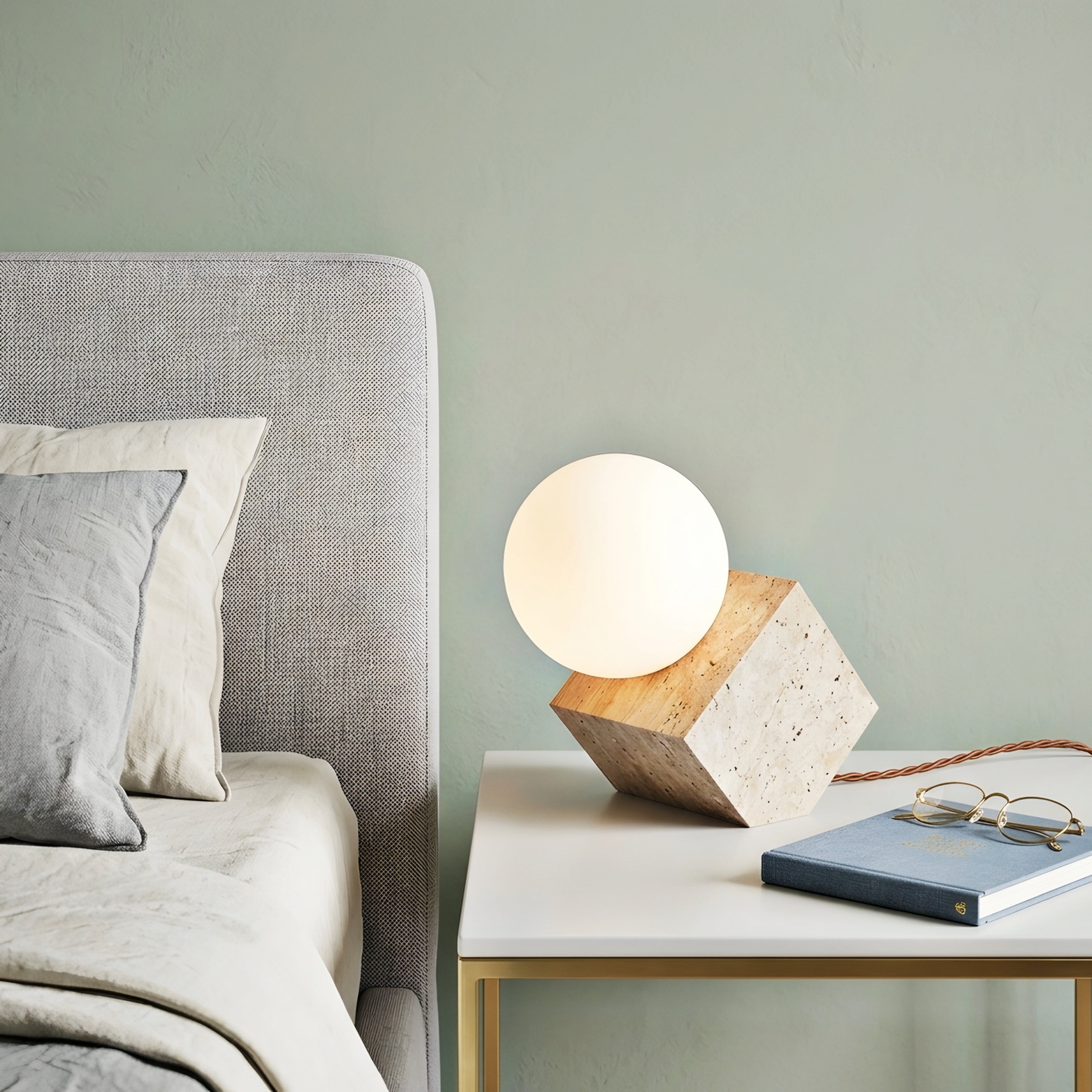 Cubara Stone Table Lamp – Modern Cube Geometric Decorative Lighting Living Room Bedroom Glass Globe