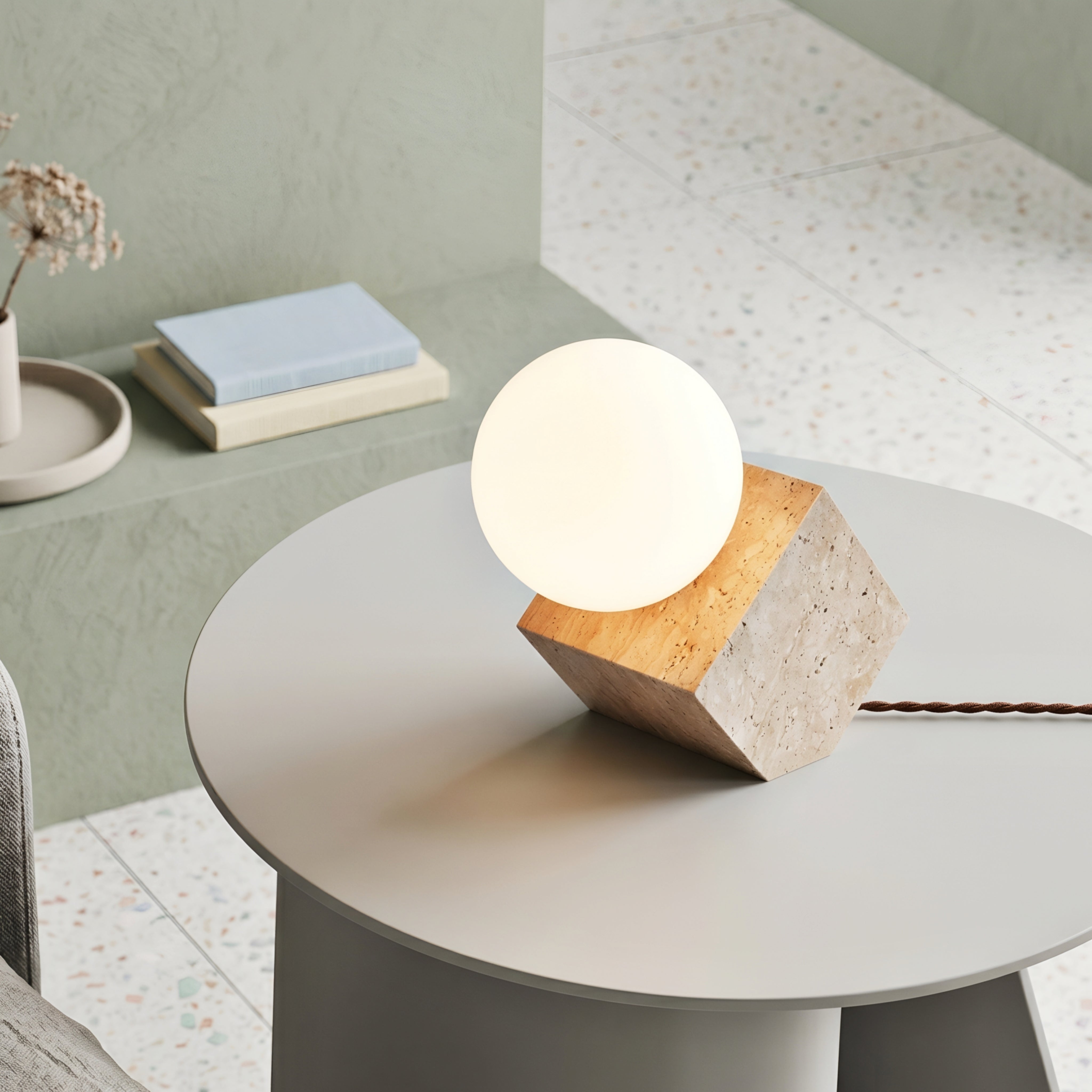 Cubara Stone Table Lamp – Modern Cube Geometric Decorative Lighting Living Room Bedroom Glass Globe