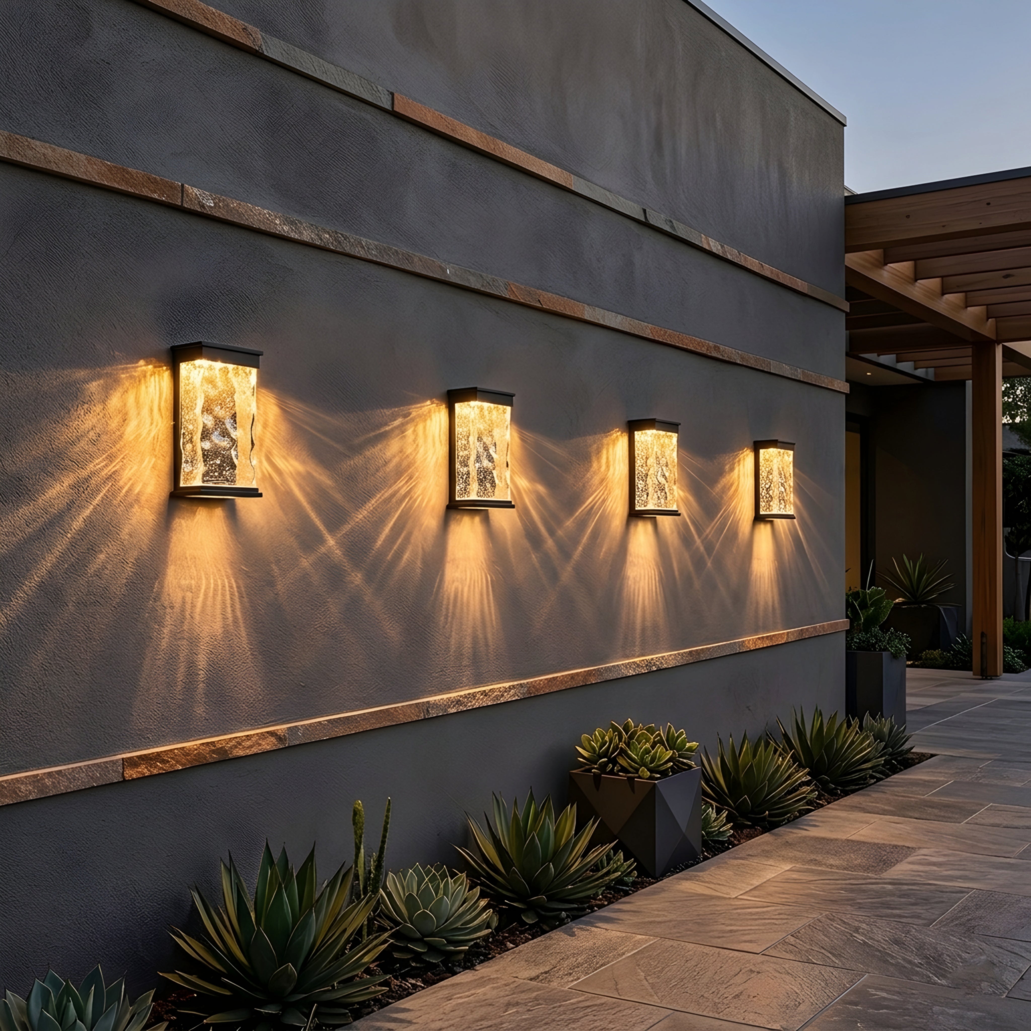 Glacien Water Glass Wall Sconce – Outdoor Black Metal Textured Glass Panel LED Light Fixture Patio Entryway