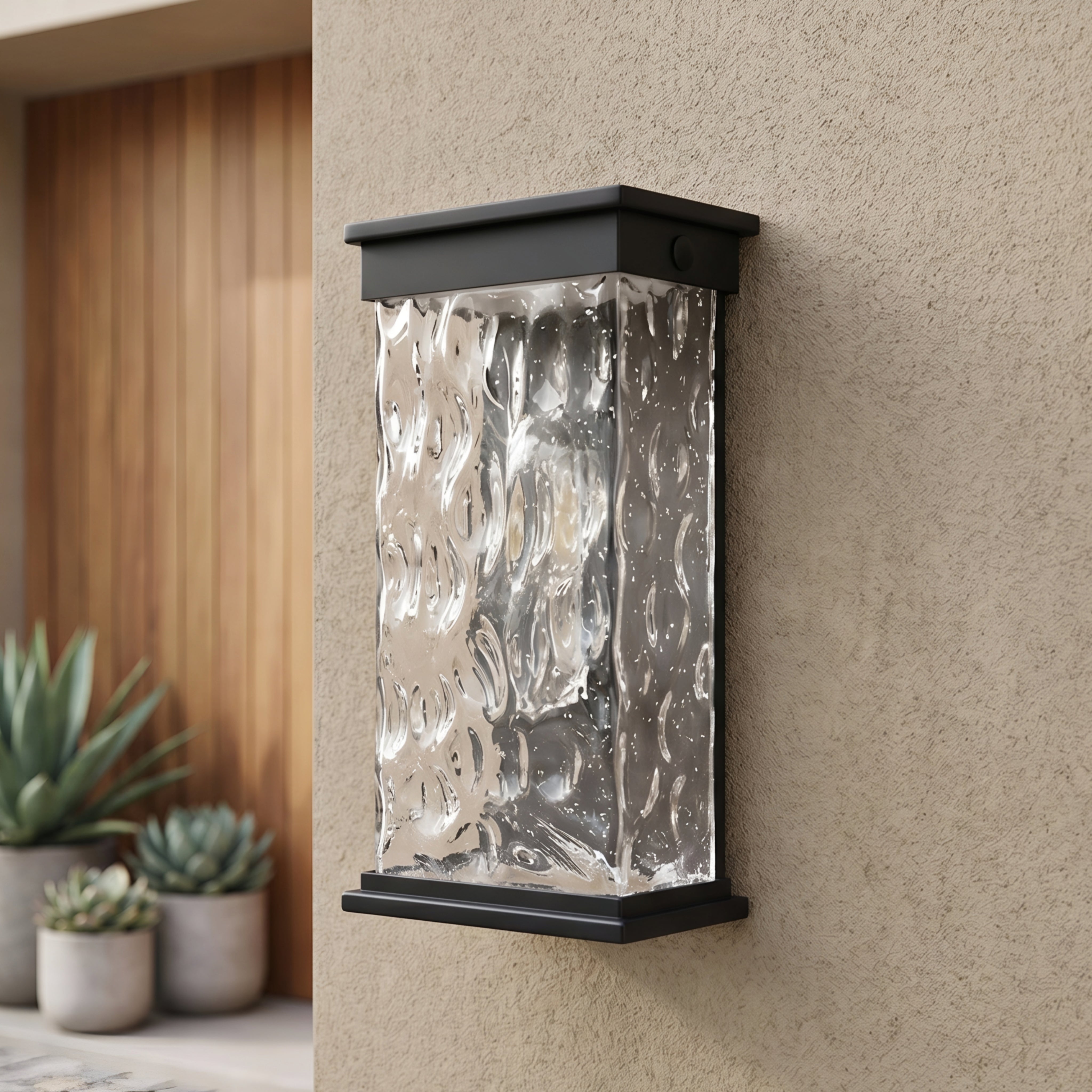 Glacien Water Glass Wall Sconce – Outdoor Black Metal Textured Glass Panel LED Light Fixture Patio Entryway