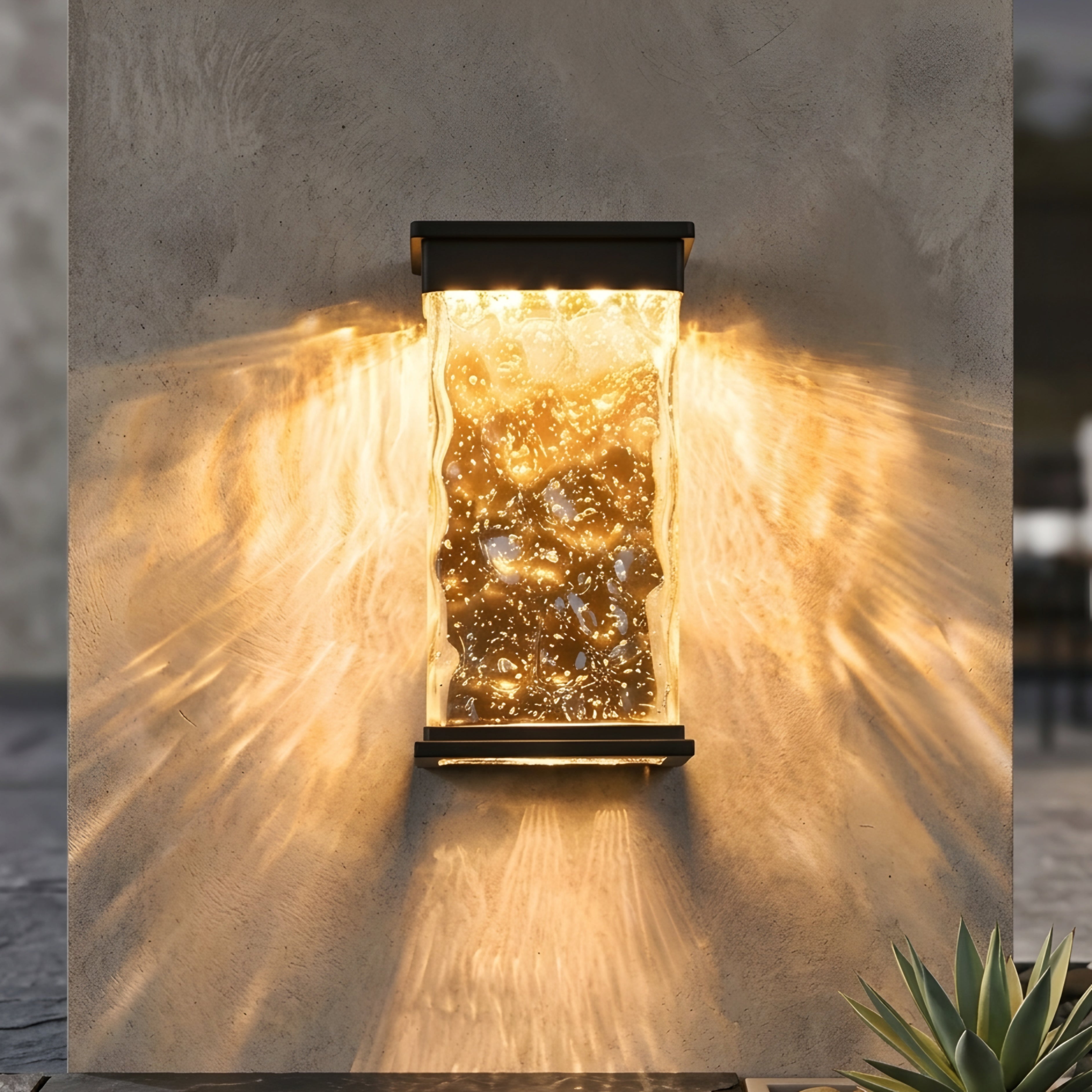 Glacien Water Glass Wall Sconce – Outdoor Black Metal Textured Glass Panel LED Light Fixture Patio Entryway