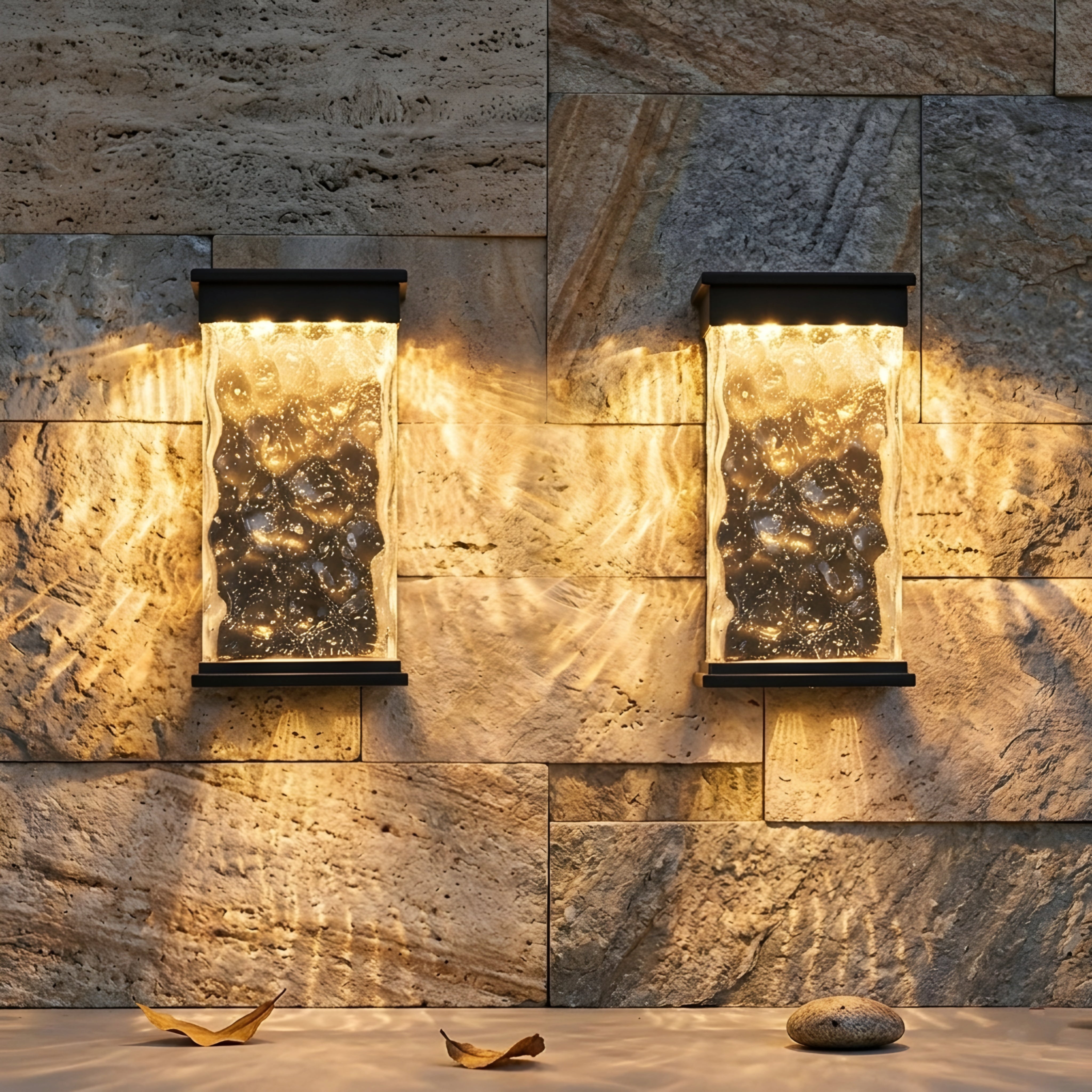 Glacien Water Glass Wall Sconce – Outdoor Black Metal Textured Glass Panel LED Light Fixture Patio Entryway