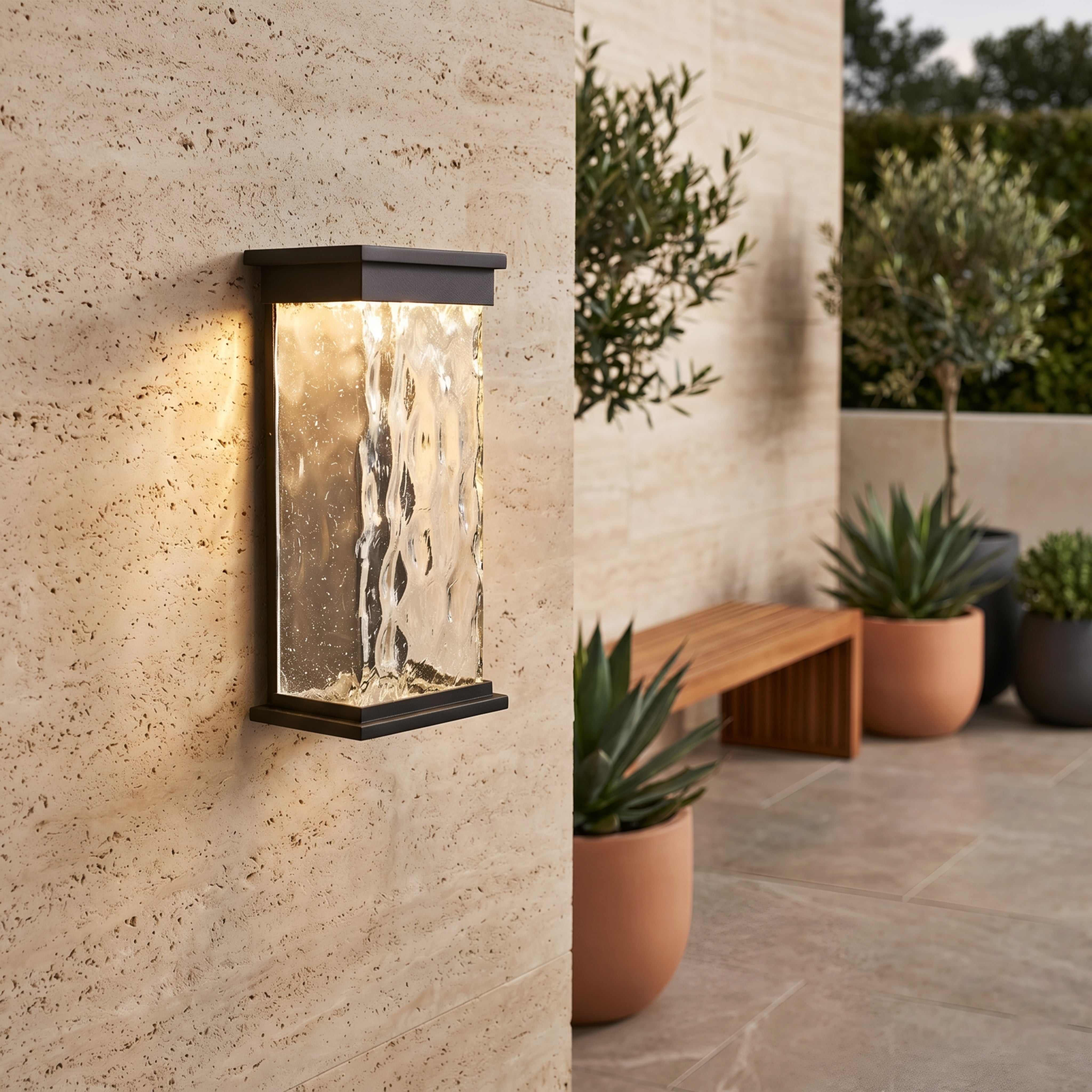 Glacien Water Glass Wall Sconce – Outdoor Black Metal Textured Glass Panel LED Light Fixture Patio Entryway