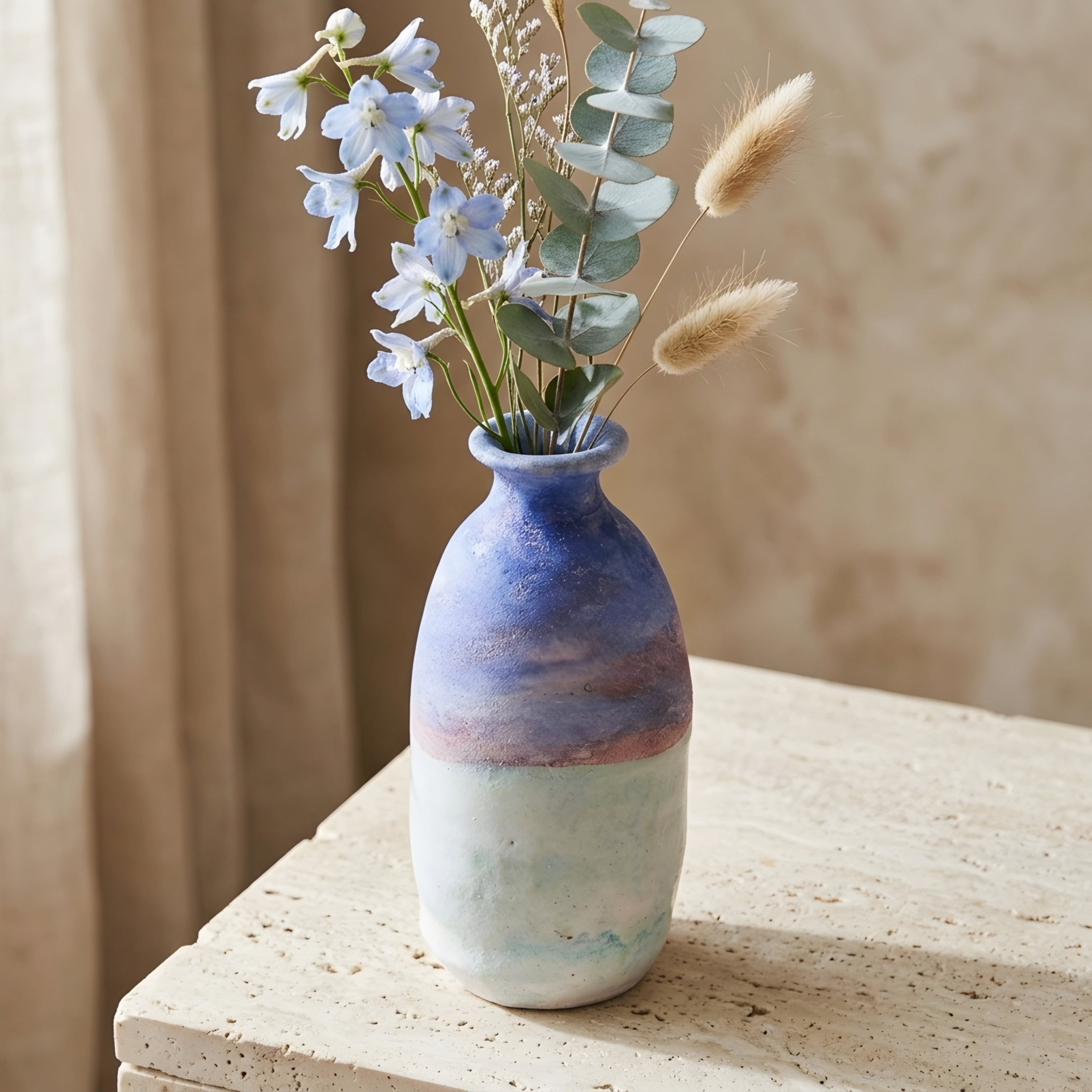 Caelis Ceramic Vase – Decorative Home Decor Blue Ombre Handmade Pottery Flower Vase Living Room Bedroom Table