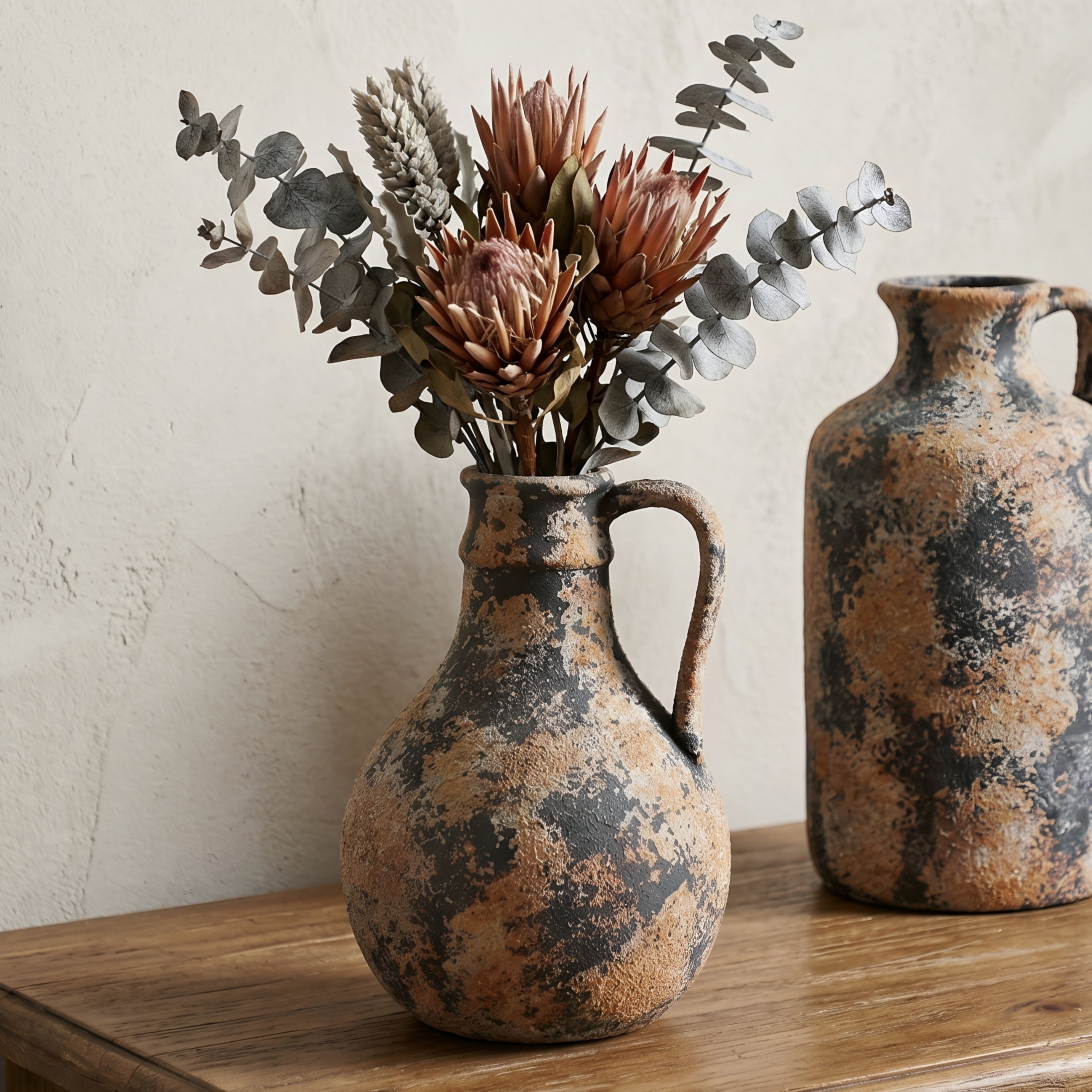 Terrano Ceramic Jug Vase Set – Rustic Weathered Decorative Living Room Bedroom Farmhouse Decor