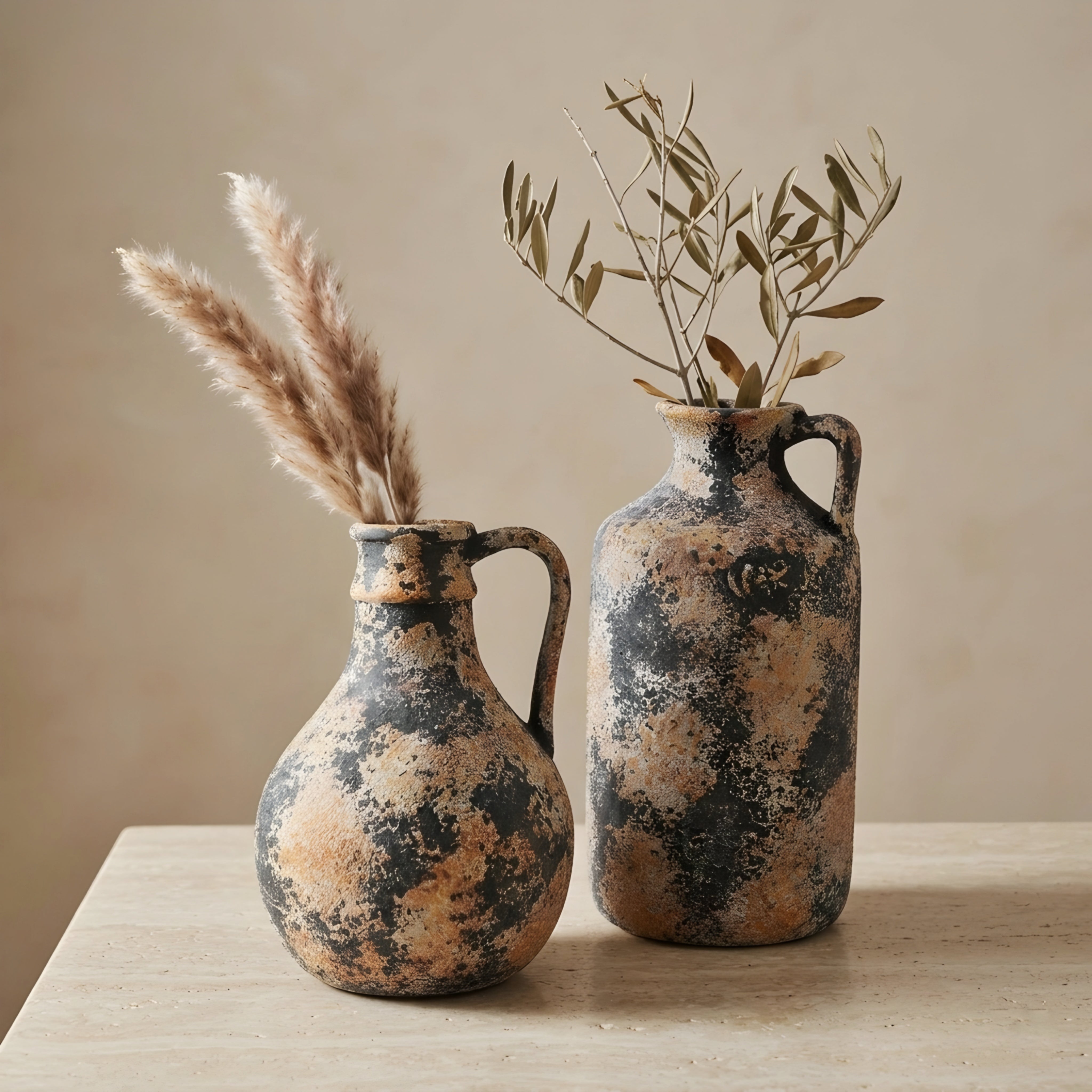 Terrano Ceramic Jug Vase Set – Rustic Weathered Decorative Living Room Bedroom Farmhouse Decor