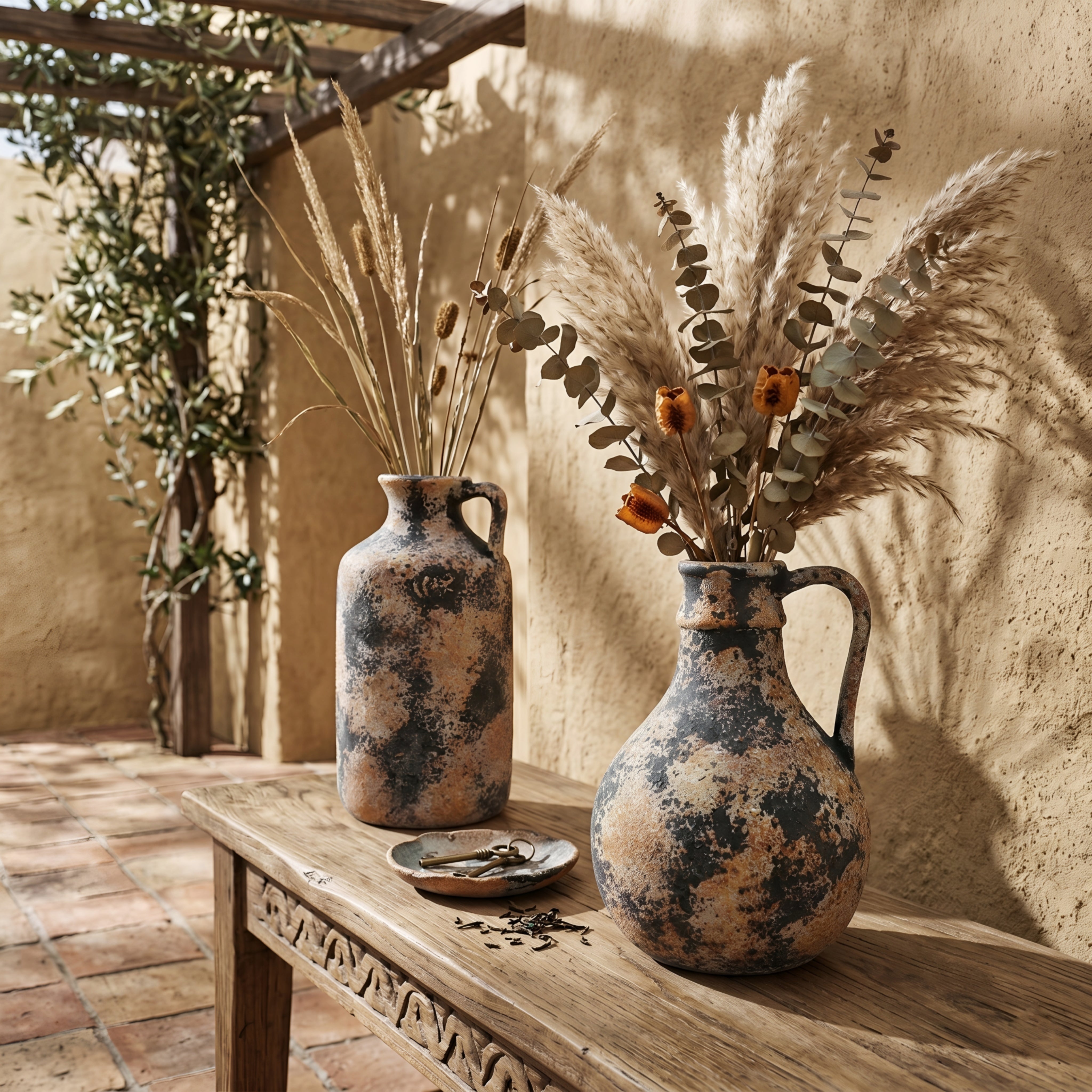 Terrano Ceramic Jug Vase Set – Rustic Weathered Decorative Living Room Bedroom Farmhouse Decor