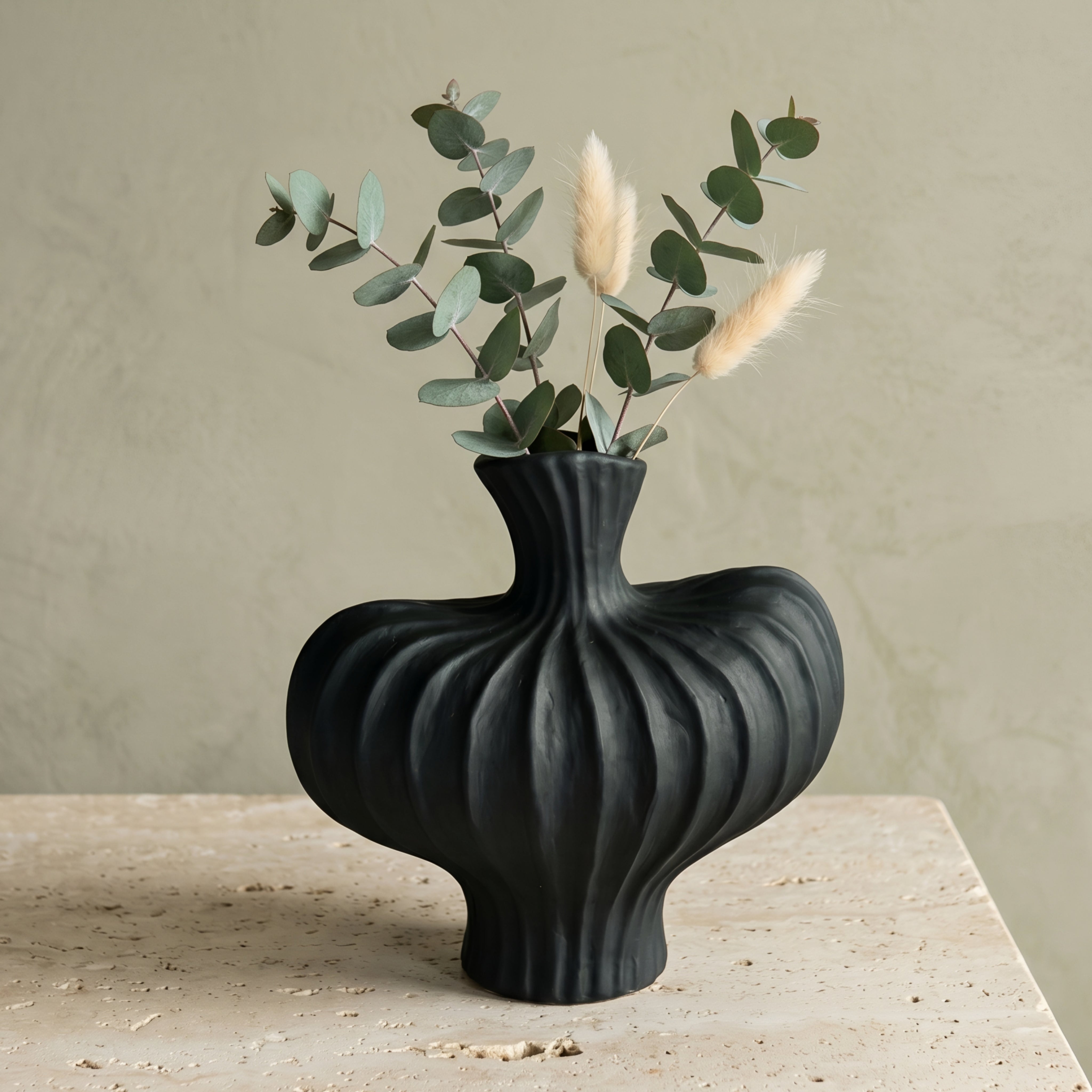 Voluta Ceramic Vase – White Fluted Sculptural Decorative Vase Living Room Table Decor Modern