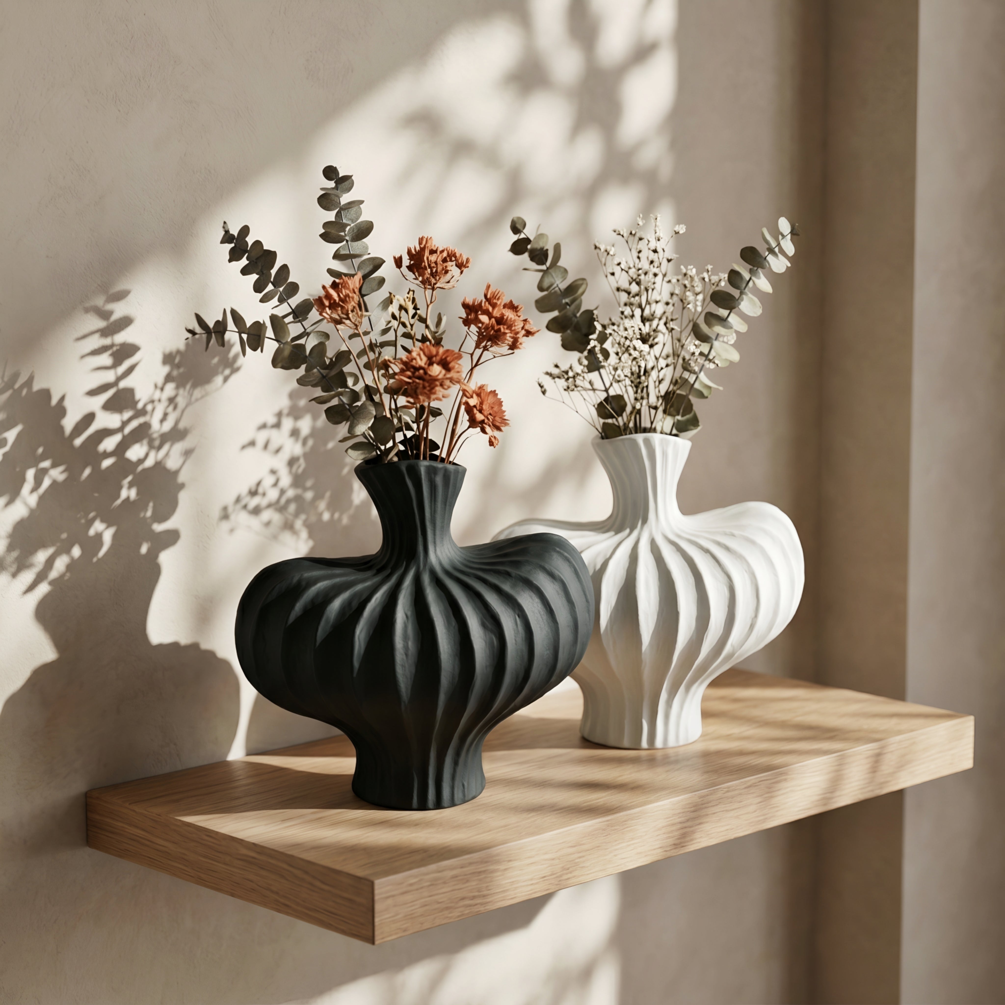 Voluta Ceramic Vase – White Fluted Sculptural Decorative Vase Living Room Table Decor Modern