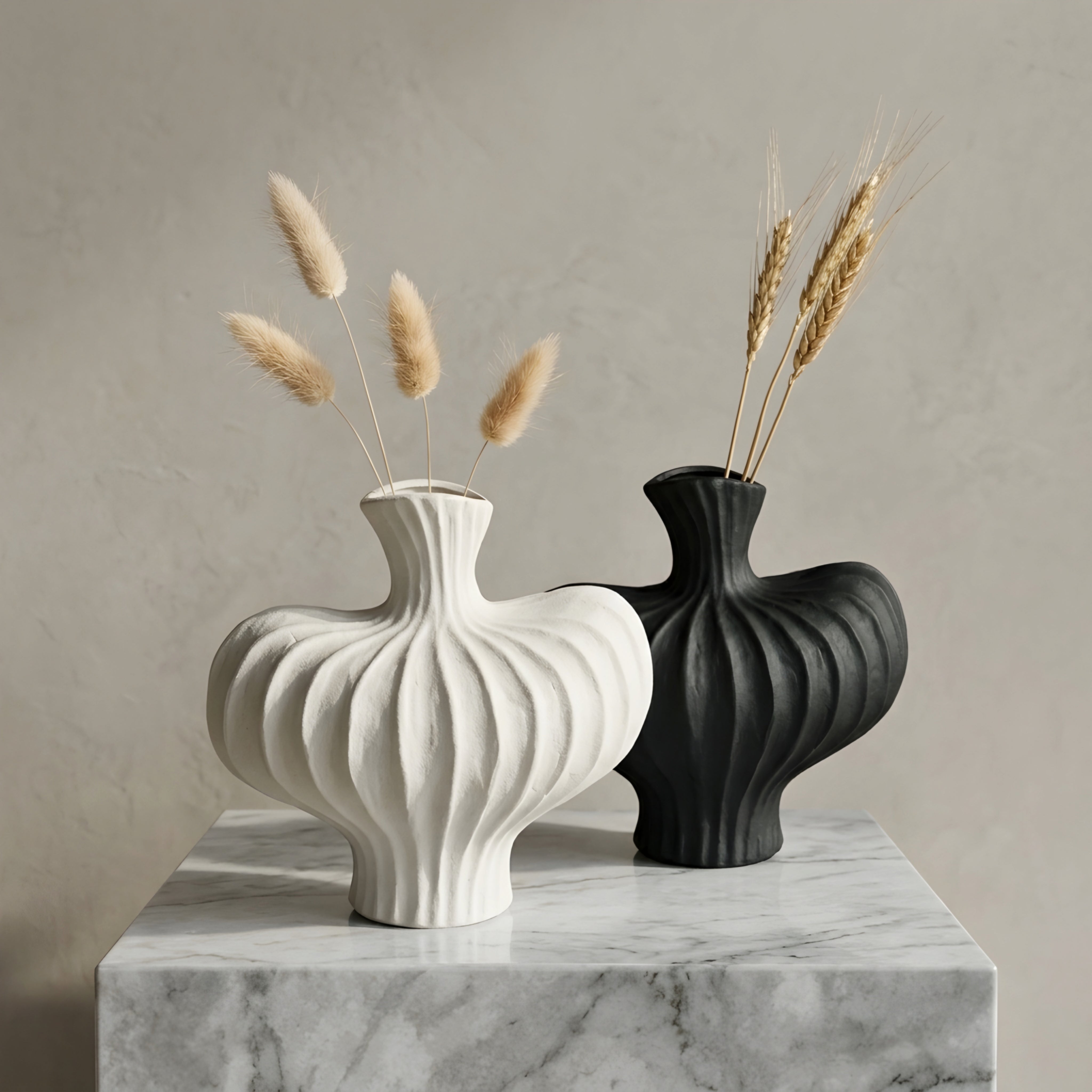 Voluta Ceramic Vase – White Fluted Sculptural Decorative Vase Living Room Table Decor Modern
