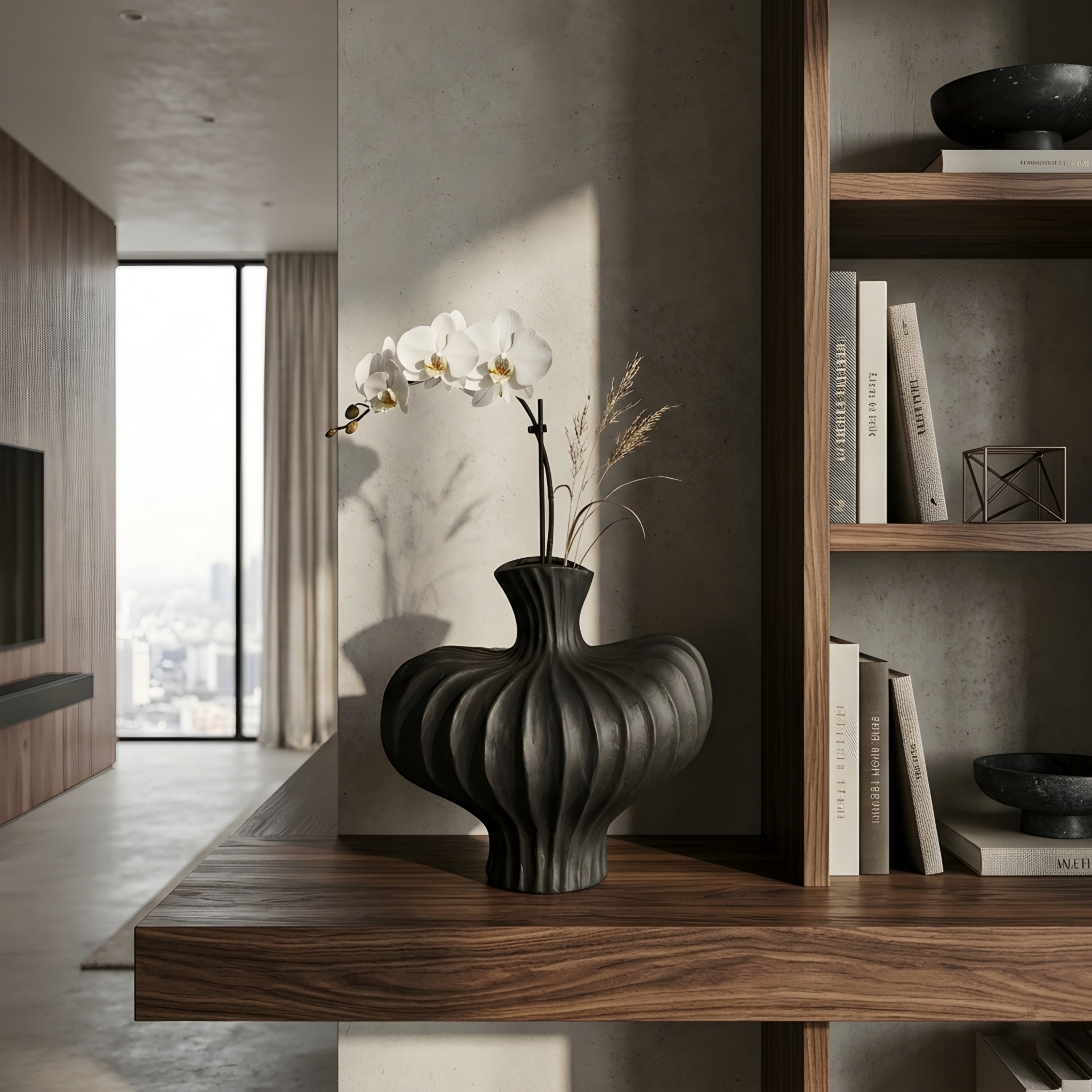 Voluta Ceramic Vase – White Fluted Sculptural Decorative Vase Living Room Table Decor Modern