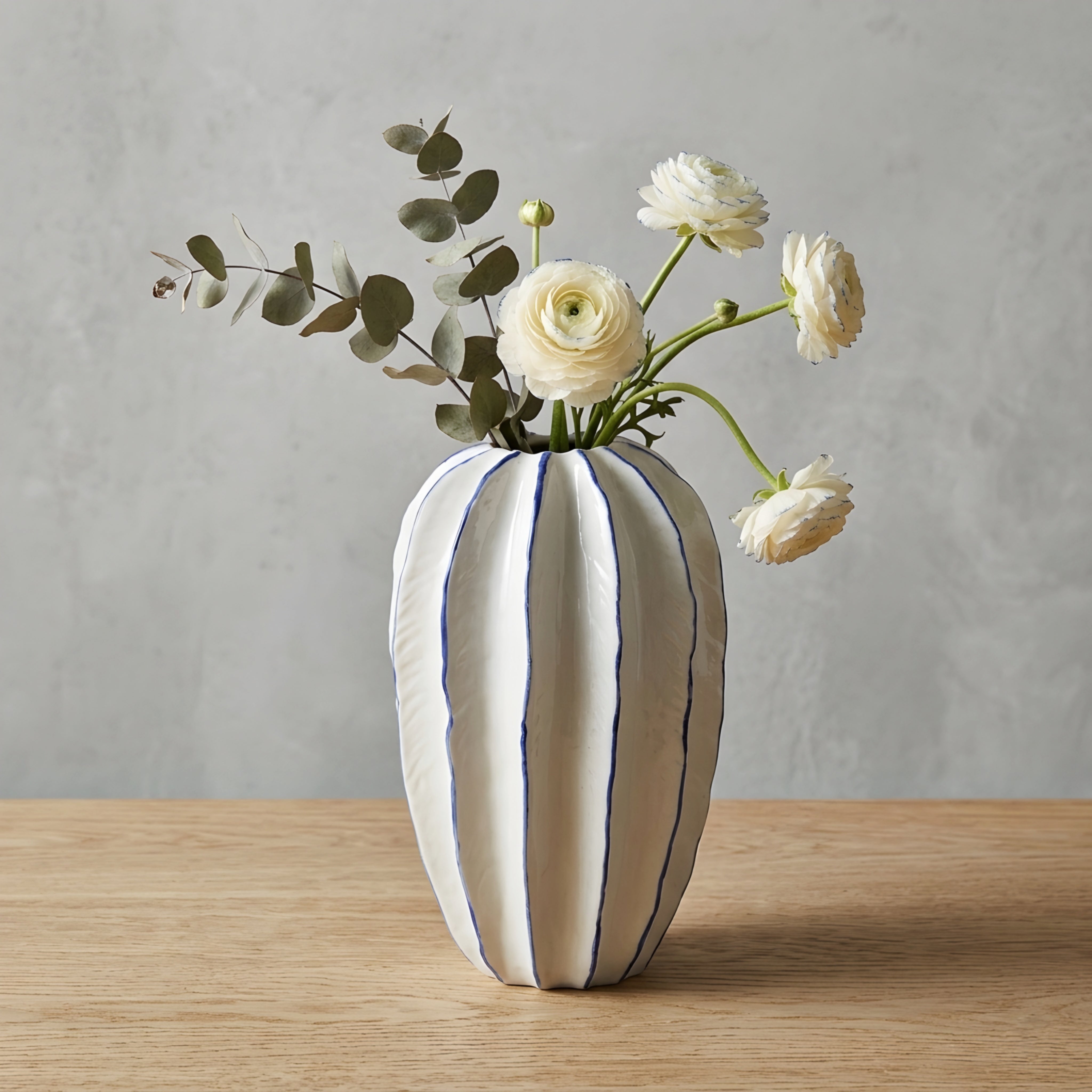 Stratum Ceramic Vase – Decorative Modern White Porcelain Striped Living Room Table Decor