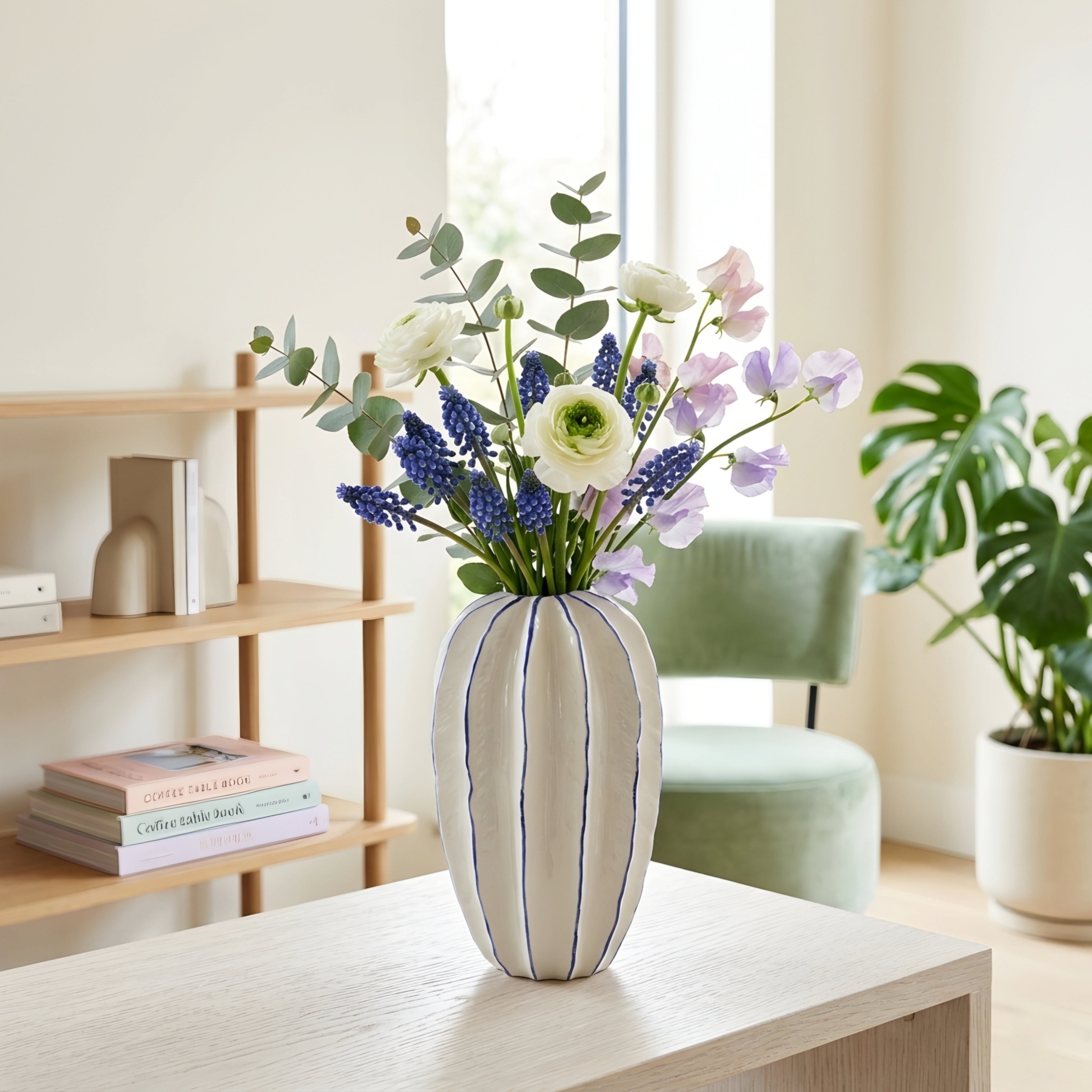Stratum Ceramic Vase – Decorative Modern White Porcelain Striped Living Room Table Decor