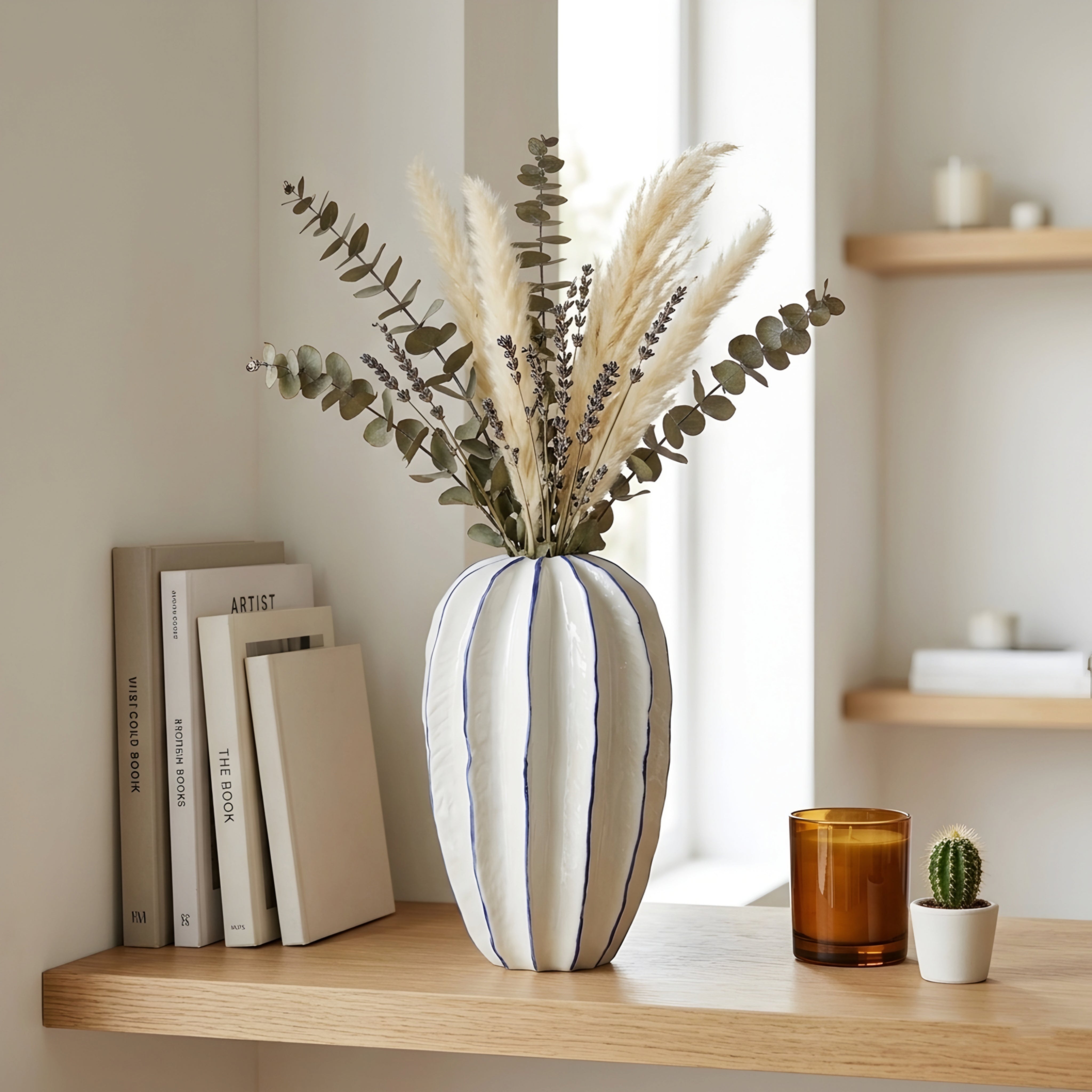 Stratum Ceramic Vase – Decorative Modern White Porcelain Striped Living Room Table Decor