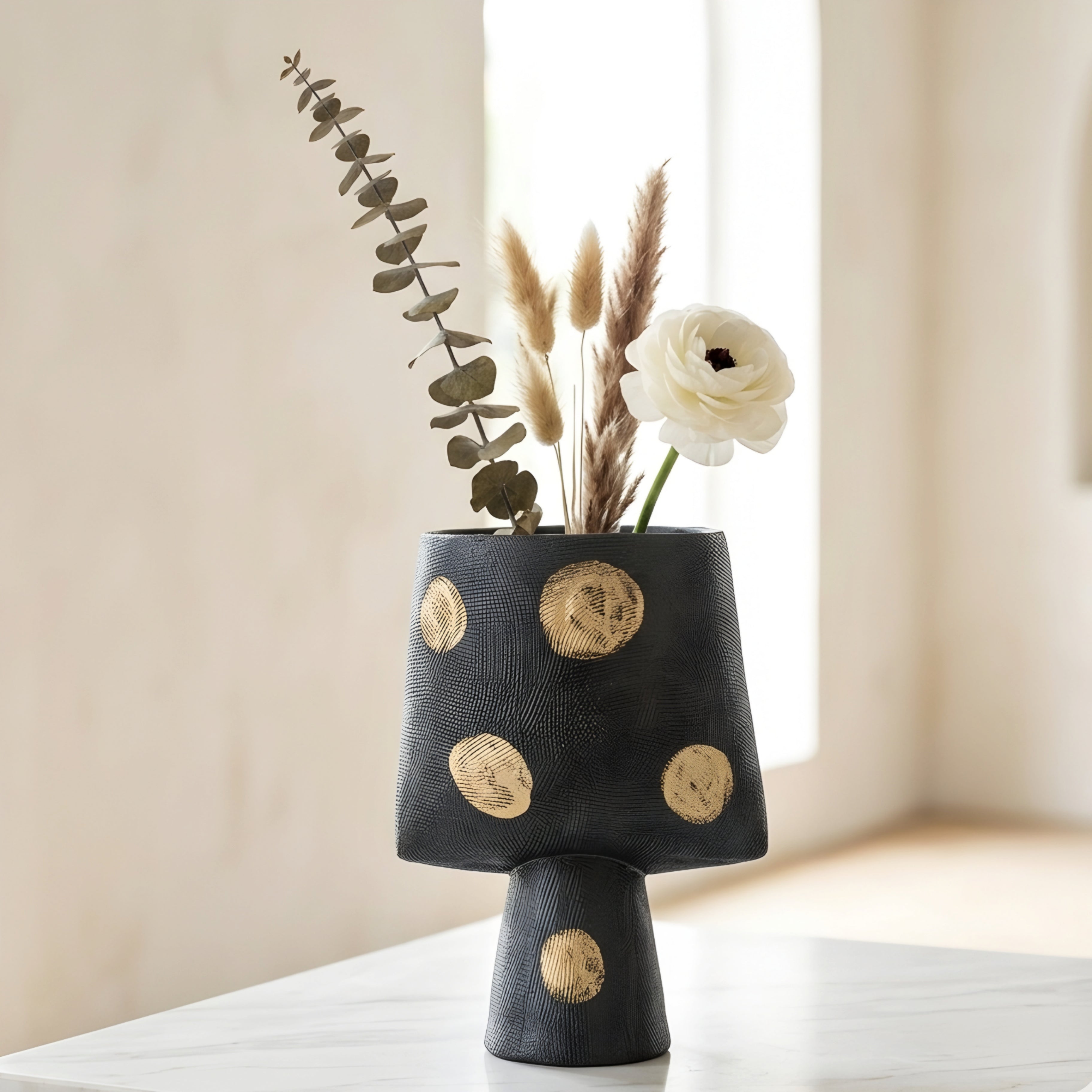 Orbito Decorative Vase Set – Black Gold Dot Ceramic Living Room Table Decor Textured Modern Home