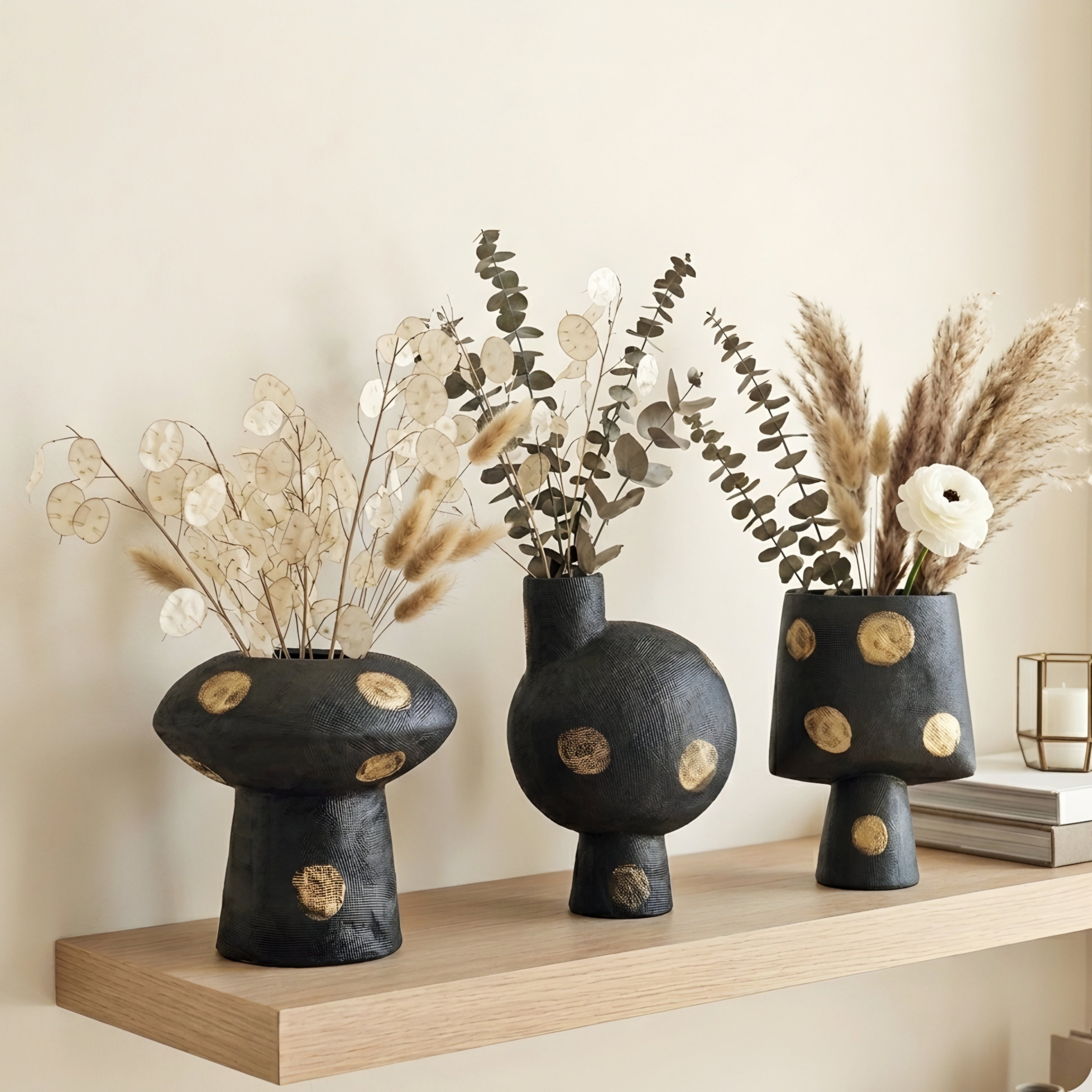 Orbito Decorative Vase Set – Black Gold Dot Ceramic Living Room Table Decor Textured Modern Home