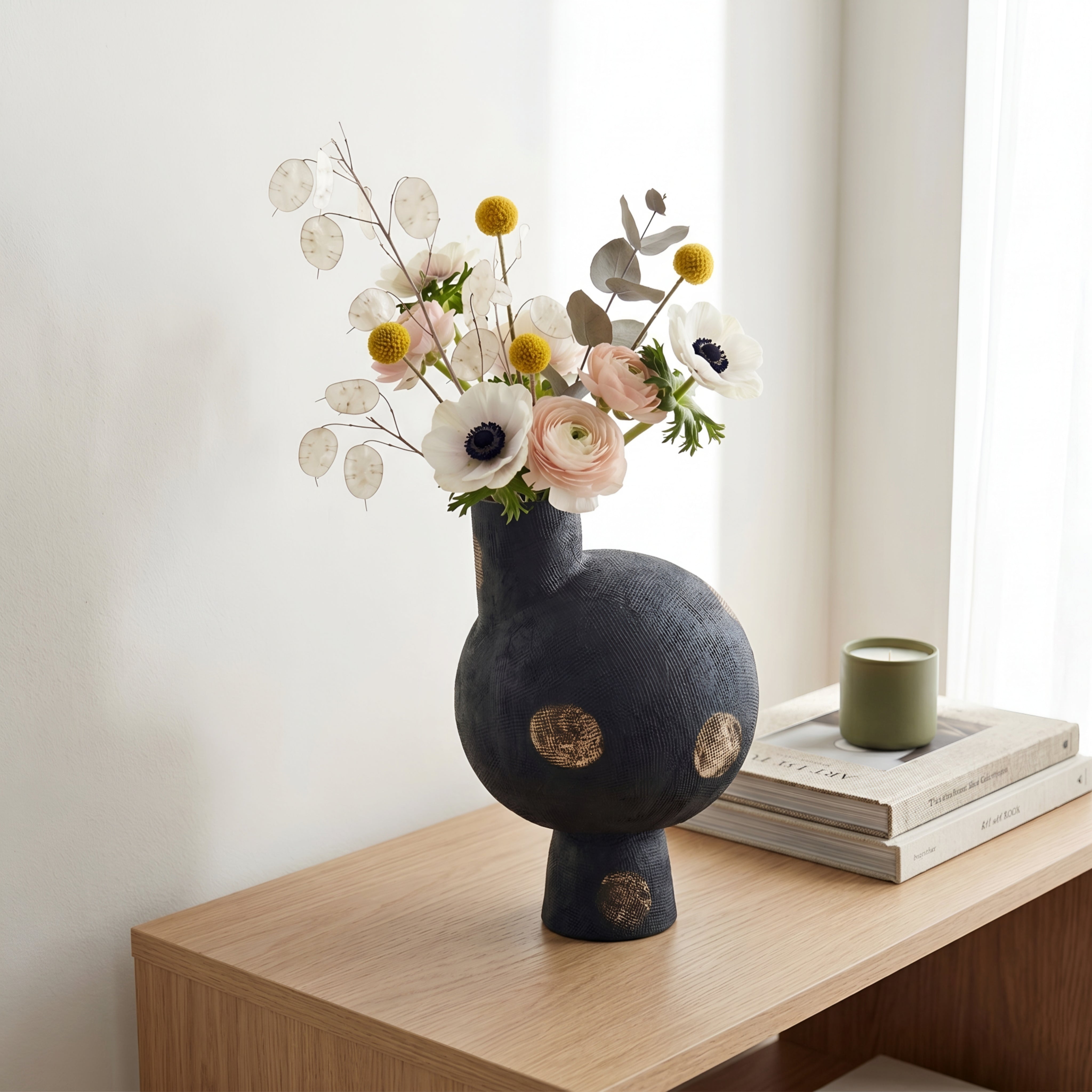 Orbito Decorative Vase Set – Black Gold Dot Ceramic Living Room Table Decor Textured Modern Home