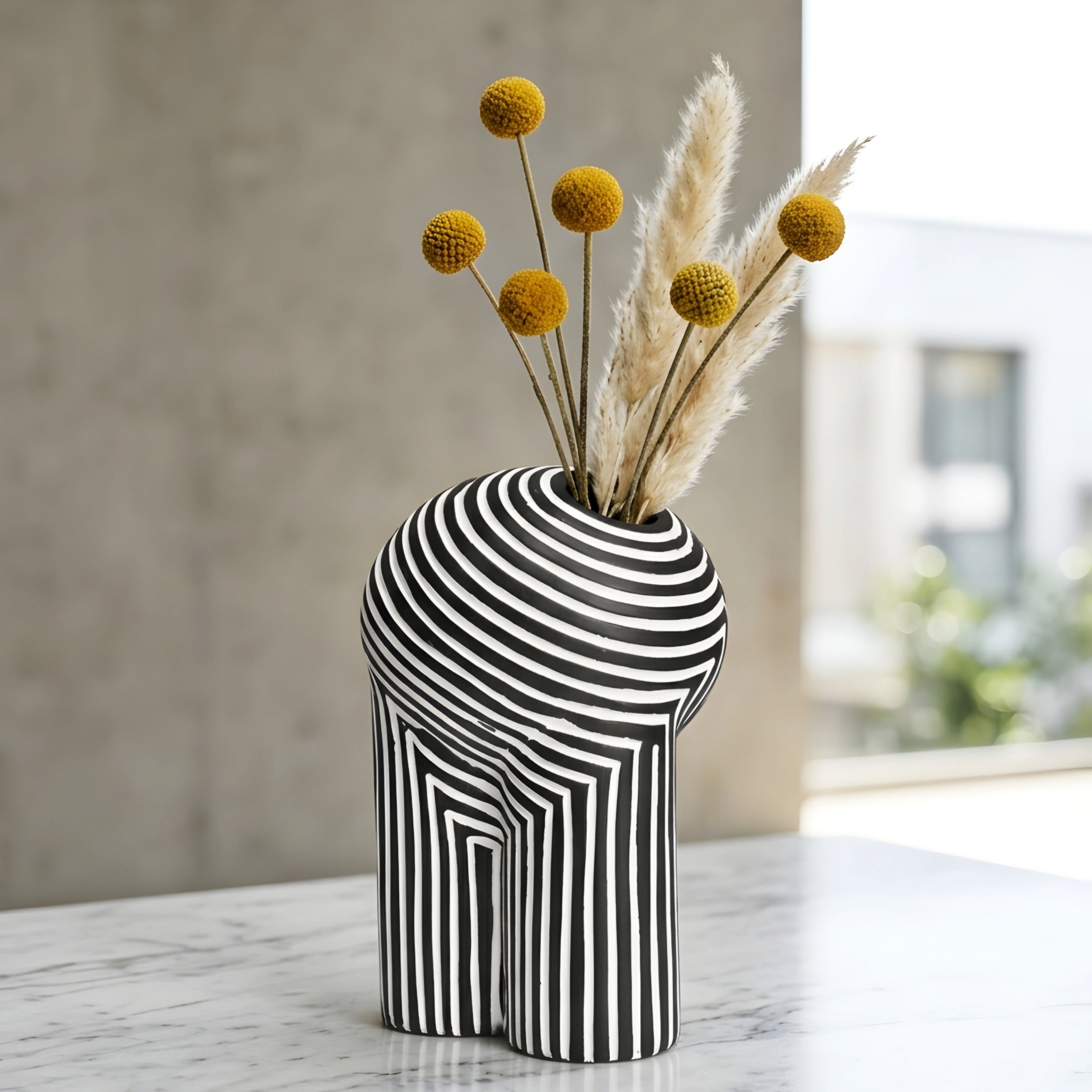 Zephren Stripe Ceramic Vase – Modern Black White Geometric Decorative Vase Living Room Bedroom