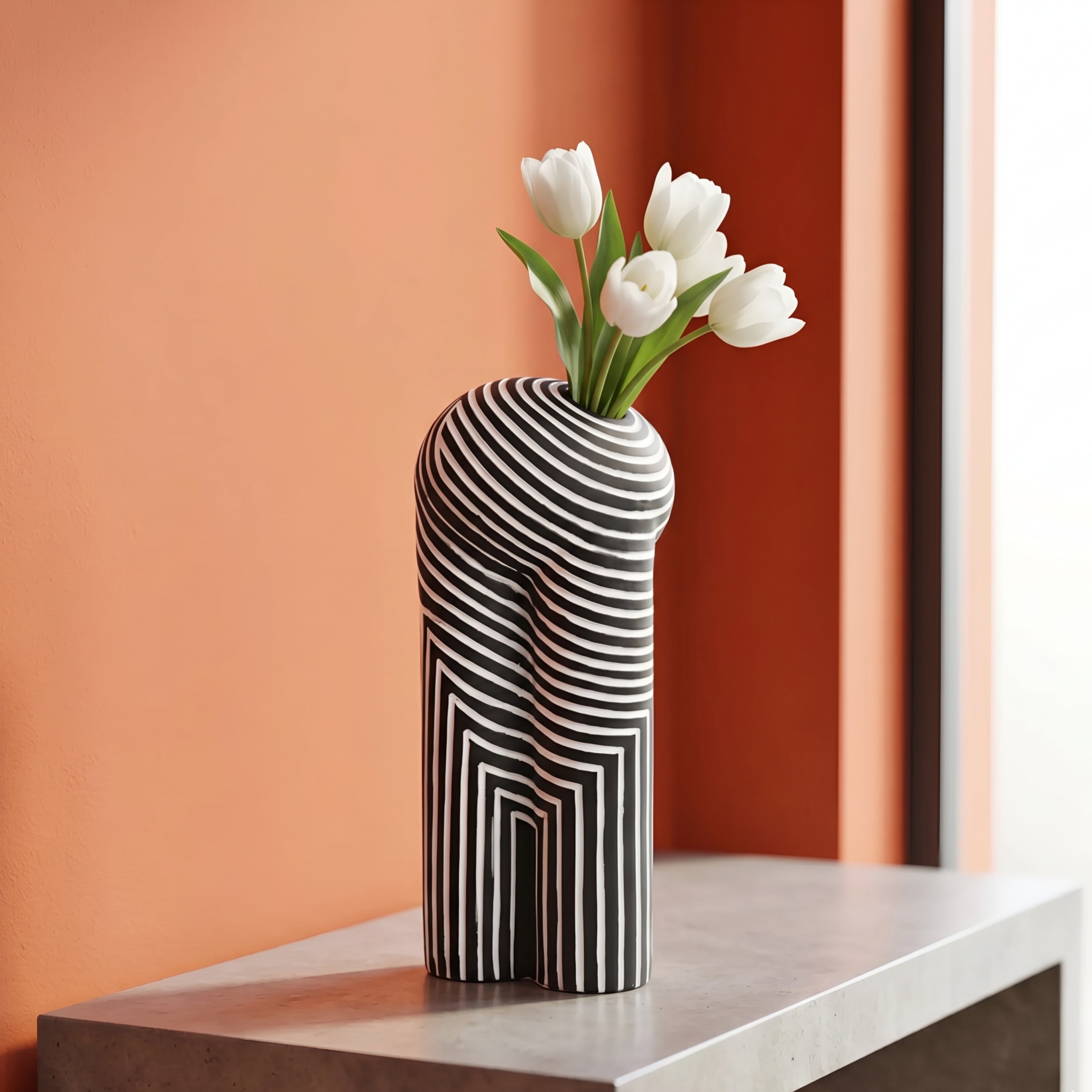 Zephren Stripe Ceramic Vase – Modern Black White Geometric Decorative Vase Living Room Bedroom