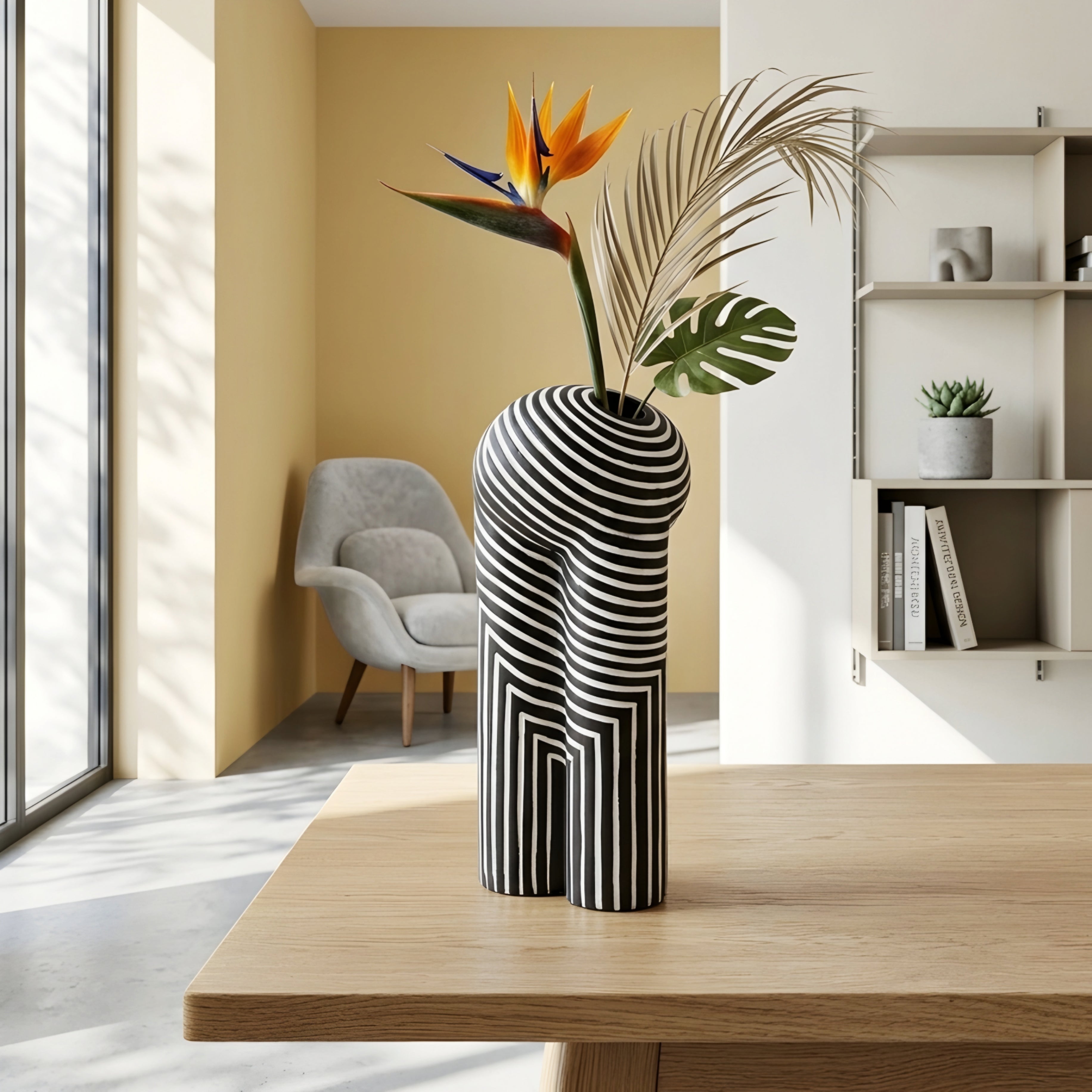 Zephren Stripe Ceramic Vase – Modern Black White Geometric Decorative Vase Living Room Bedroom