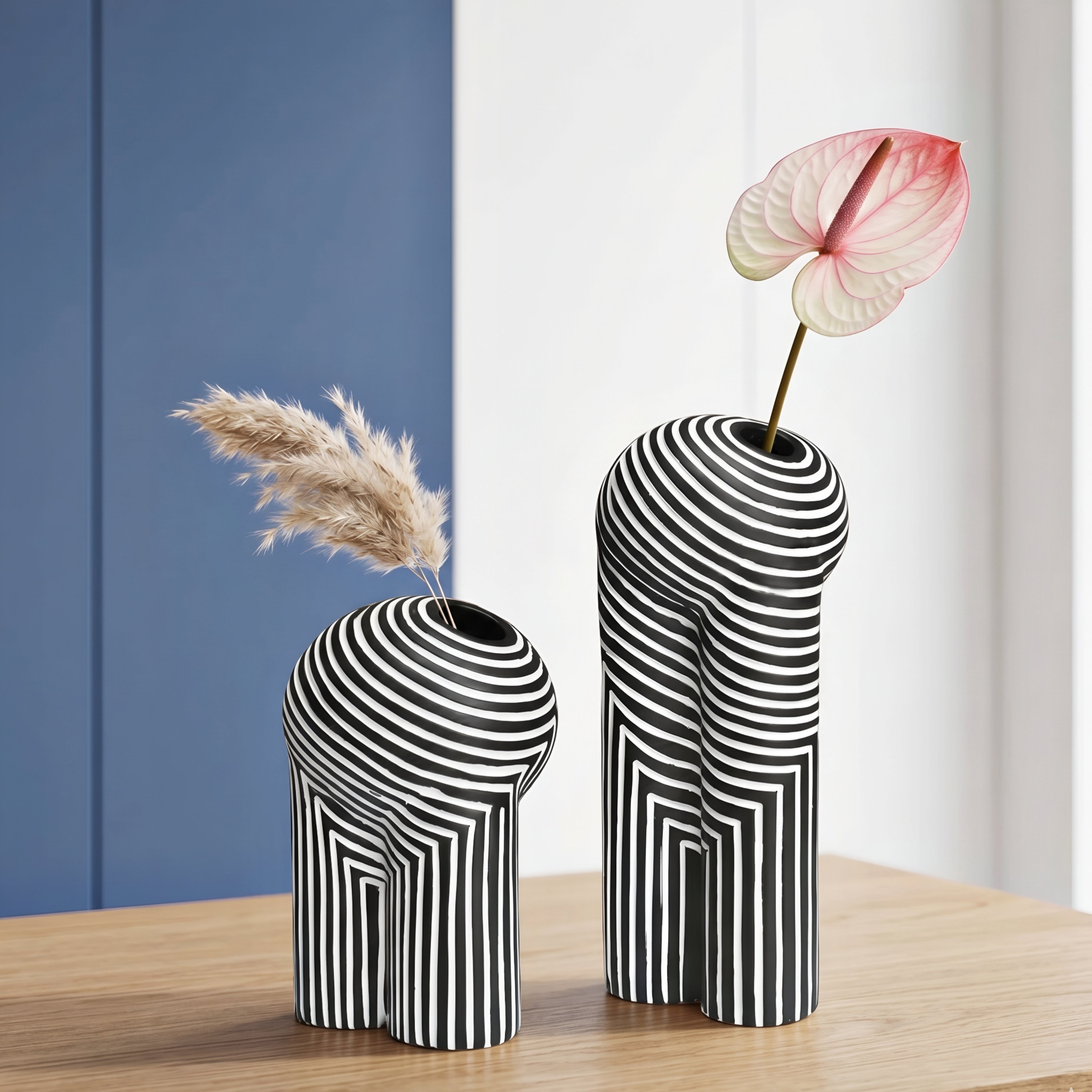 Zephren Stripe Ceramic Vase – Modern Black White Geometric Decorative Vase Living Room Bedroom