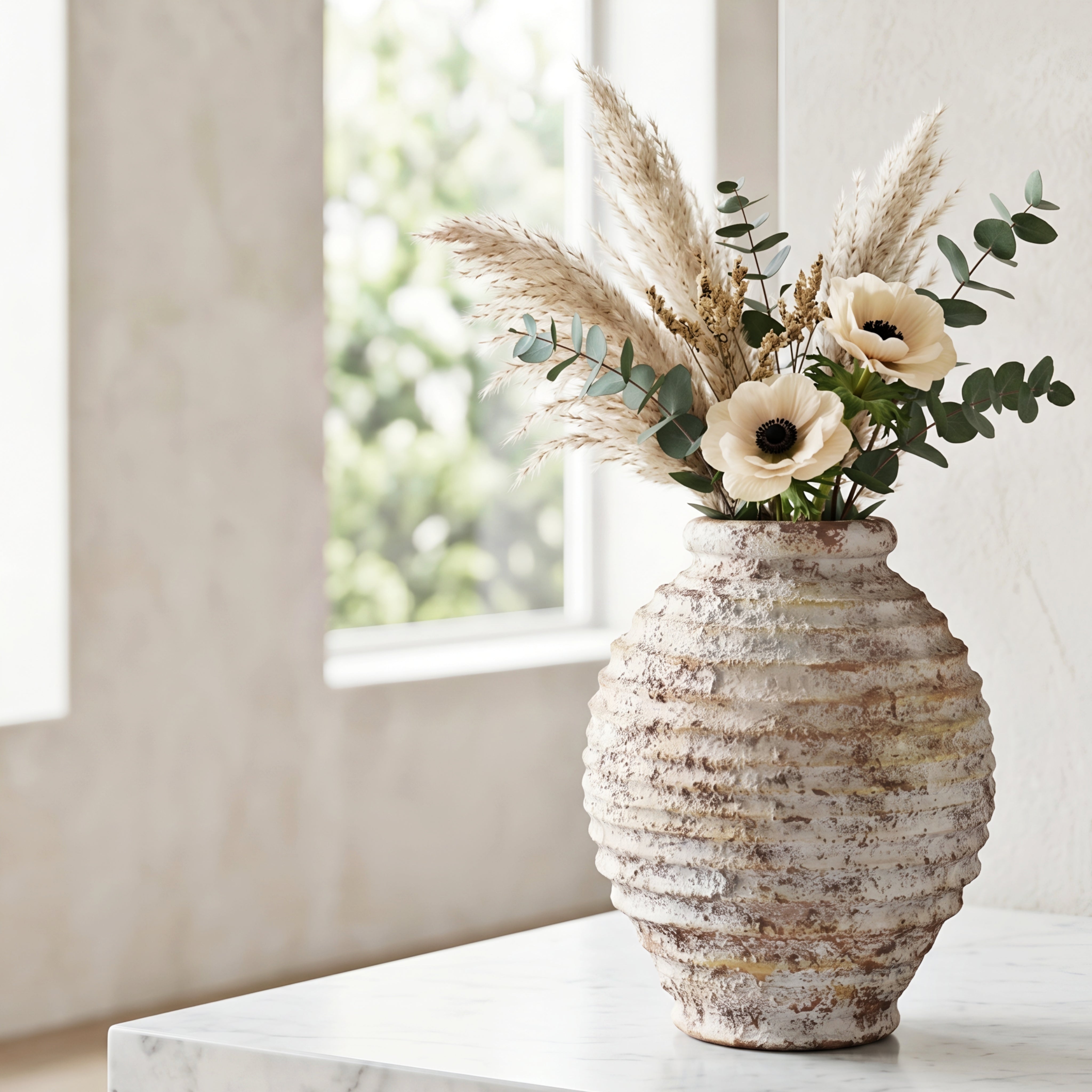 Corvan Ridge Ceramic Vase Set – Textured Decorative Table Vase Living Room Bedroom Boho Farmhouse Decor