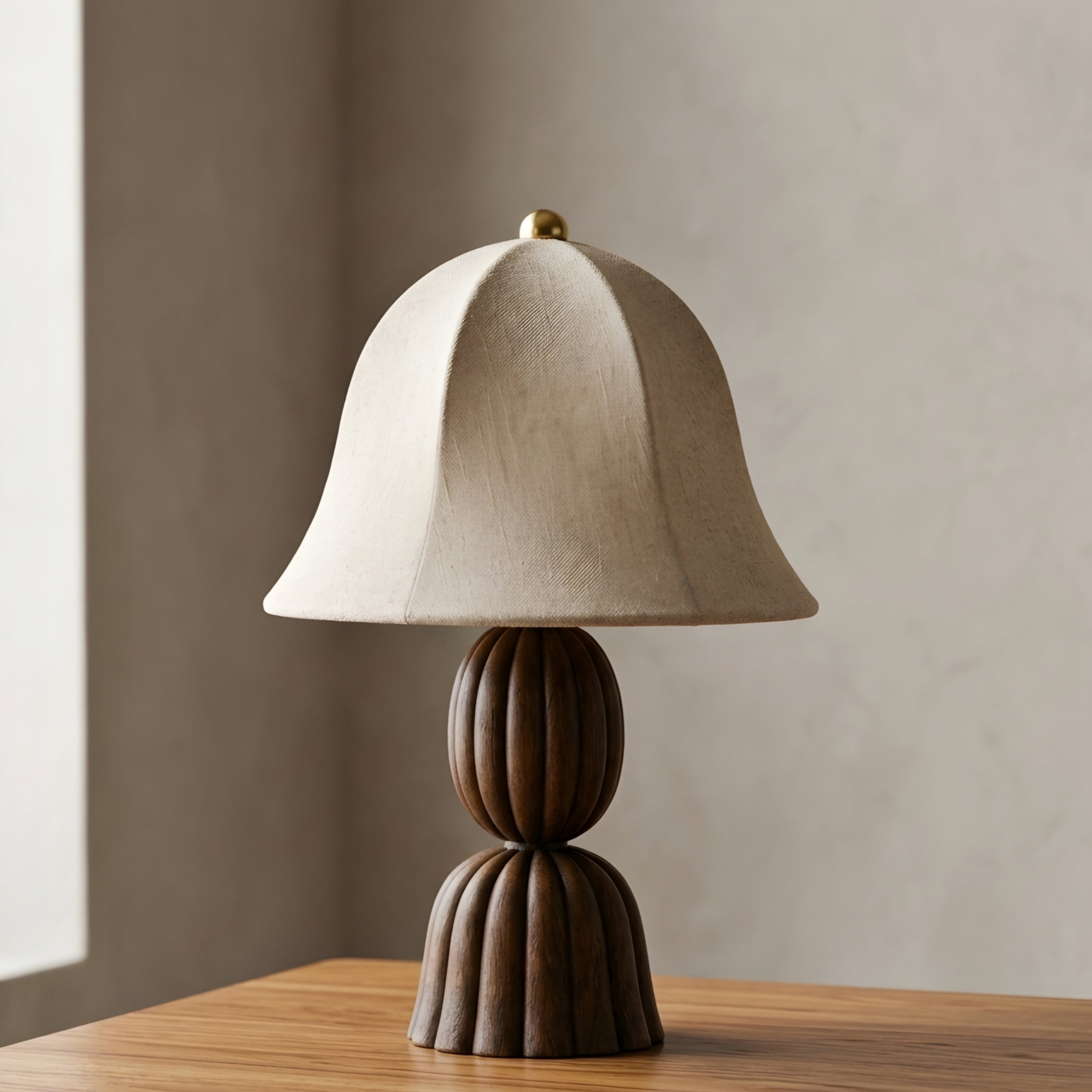 Fleuris Grove Table Lamp – Carved Wood Base Linen Shade Bedroom Living Room Decorative Lighting