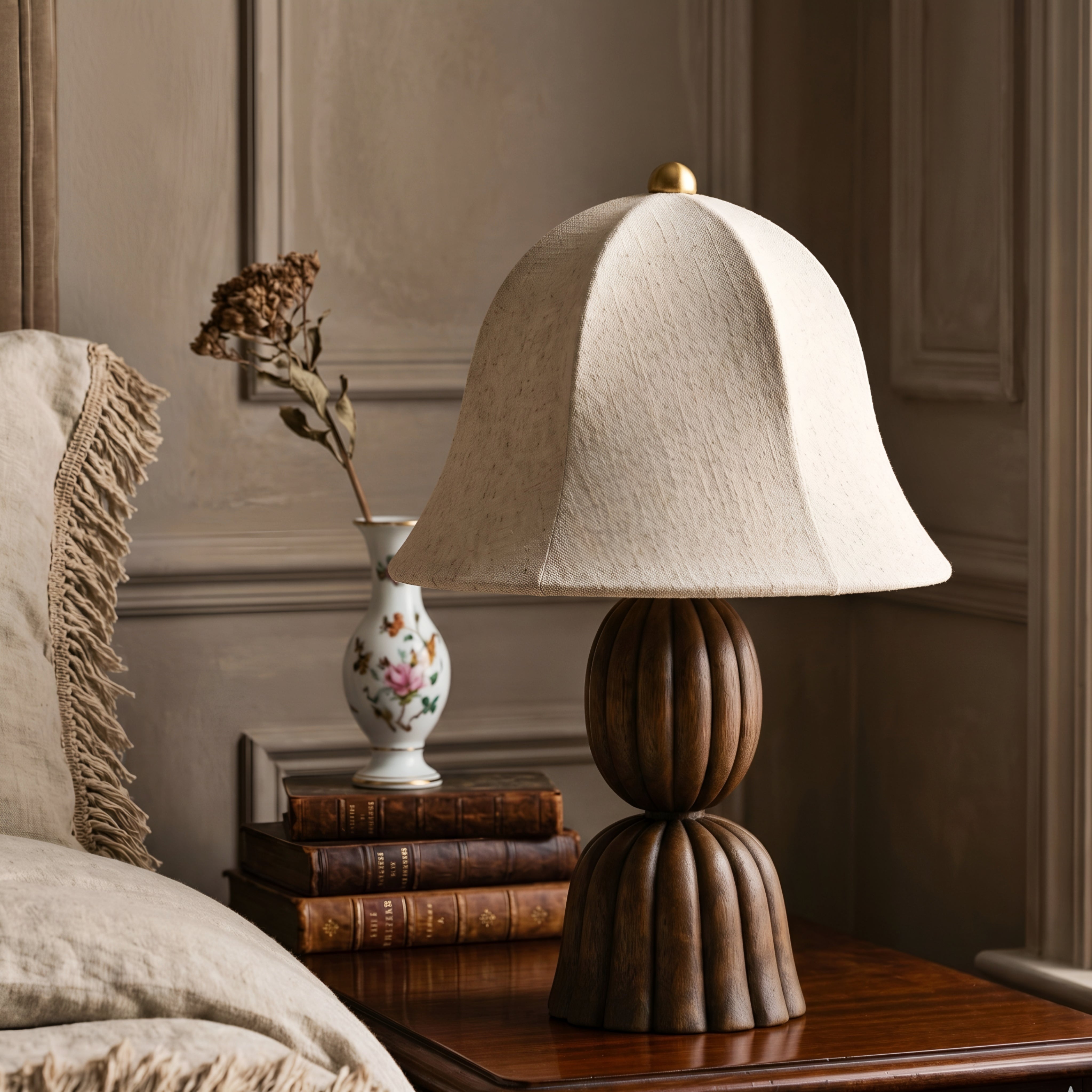 Fleuris Grove Table Lamp – Carved Wood Base Linen Shade Bedroom Living Room Decorative Lighting