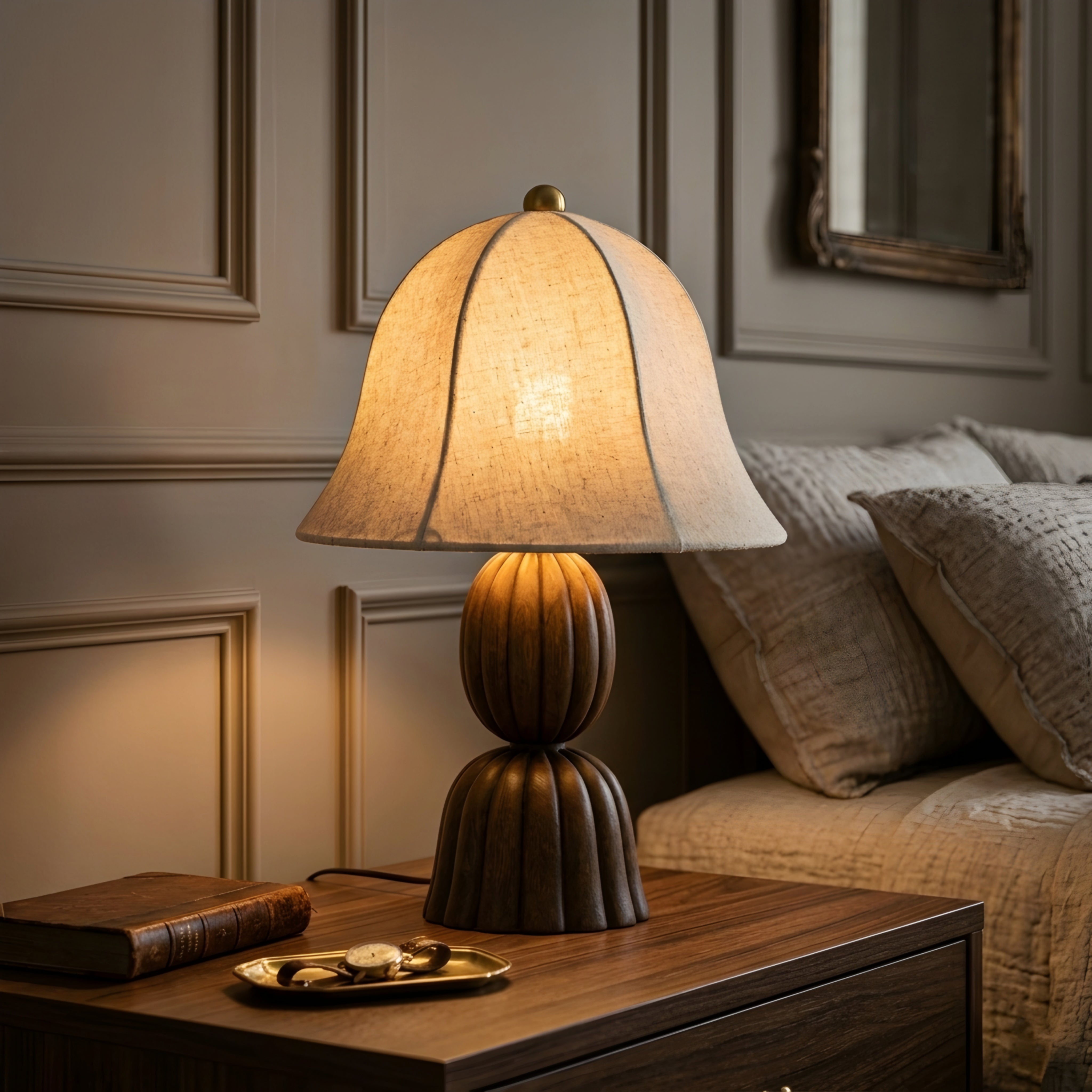 Fleuris Grove Table Lamp – Carved Wood Base Linen Shade Bedroom Living Room Decorative Lighting