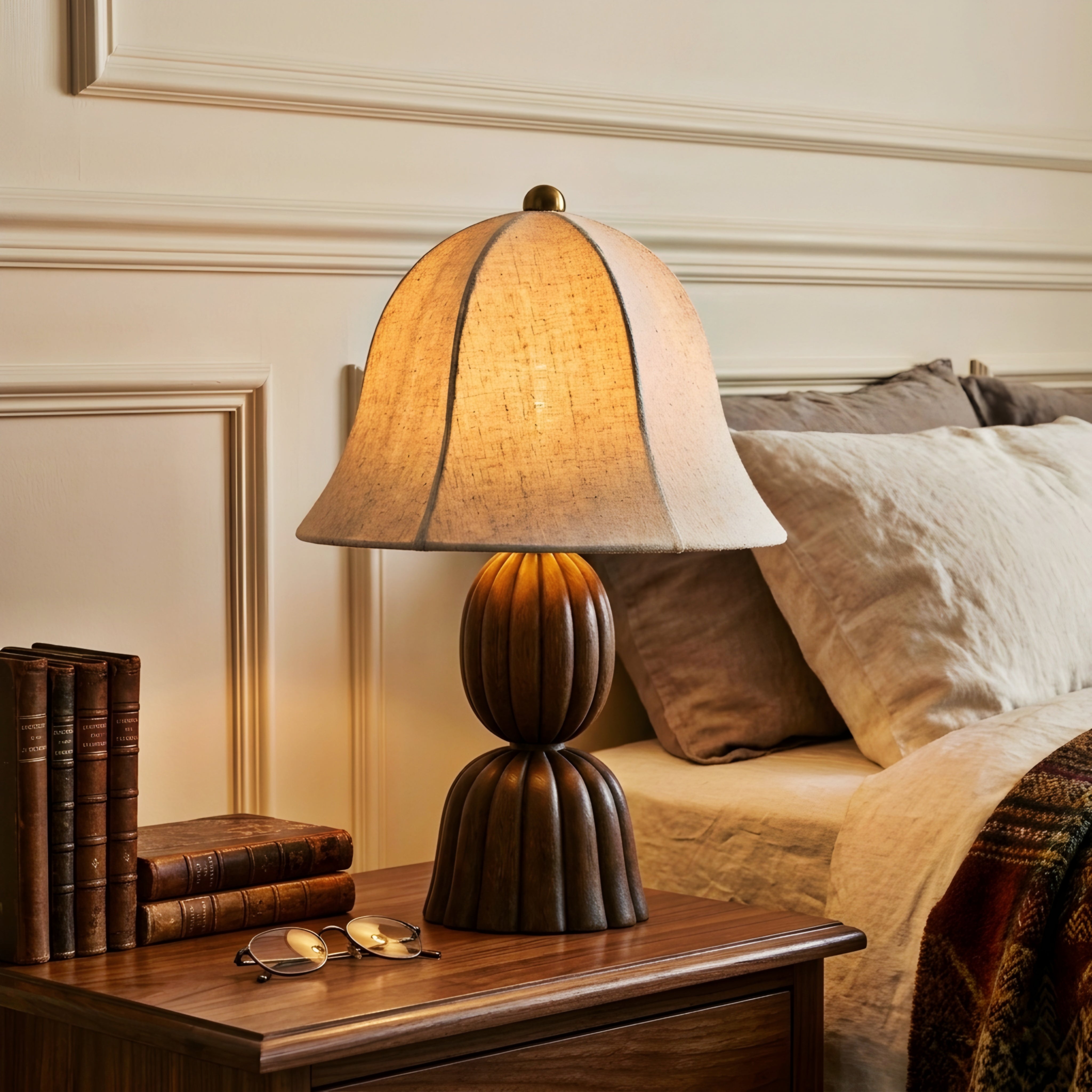 Fleuris Grove Table Lamp – Carved Wood Base Linen Shade Bedroom Living Room Decorative Lighting