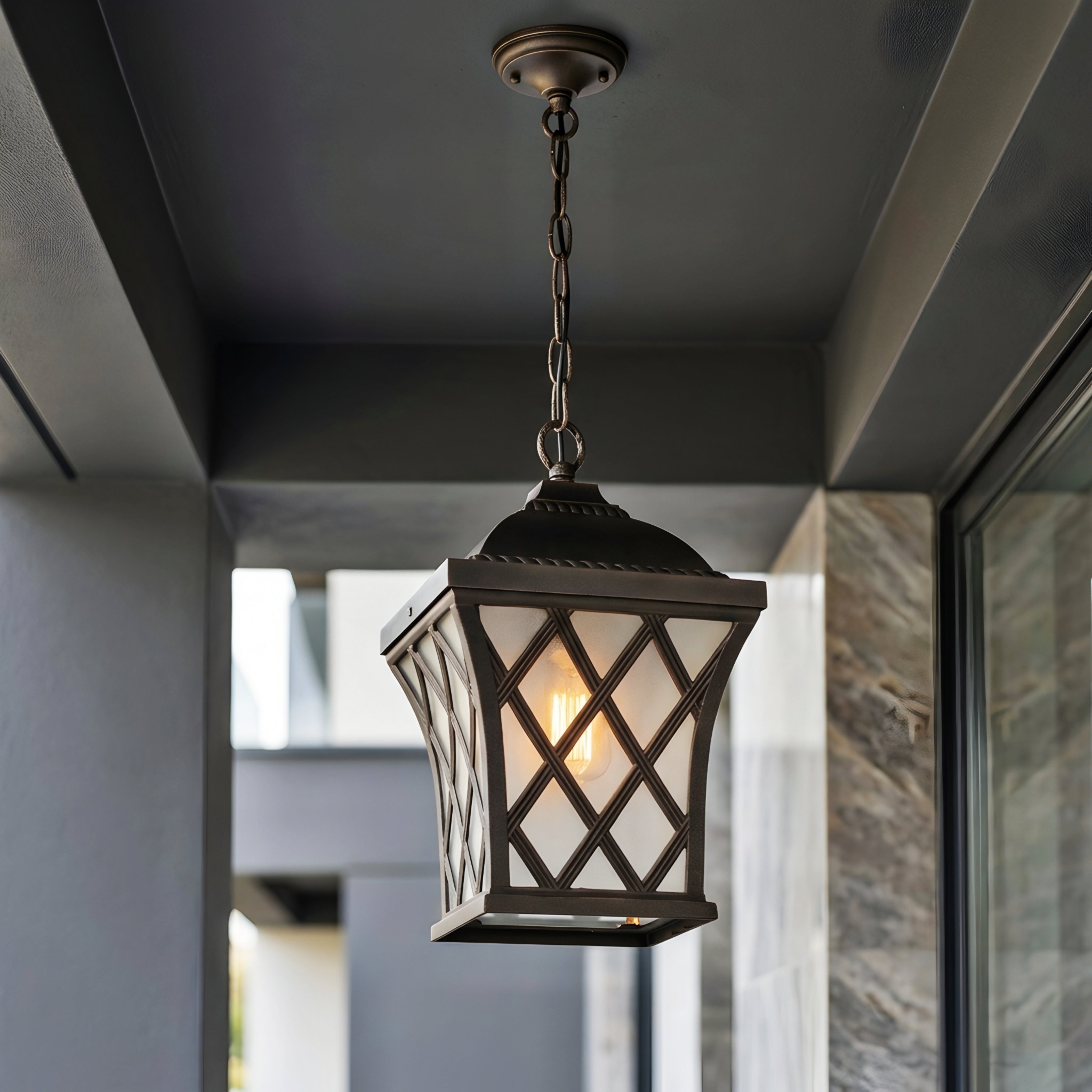 Trellis Gate Outdoor Pendant Light – Hanging Porch Entryway Decorative Lantern Waterproof Black Metal