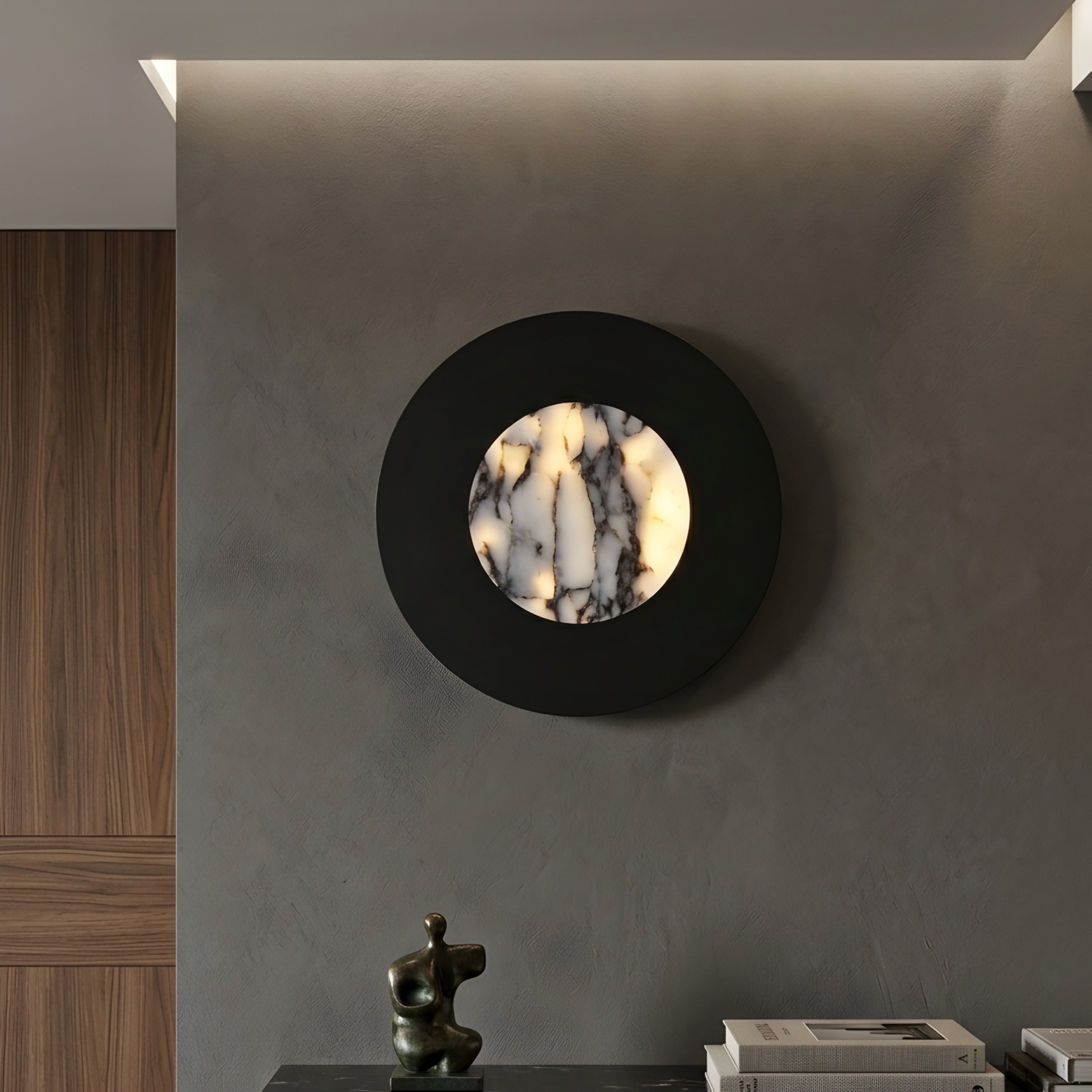 Orbyx Marble Wall Sconce – Modern Round Black Metal Decorative Lighting Bedroom Living Room