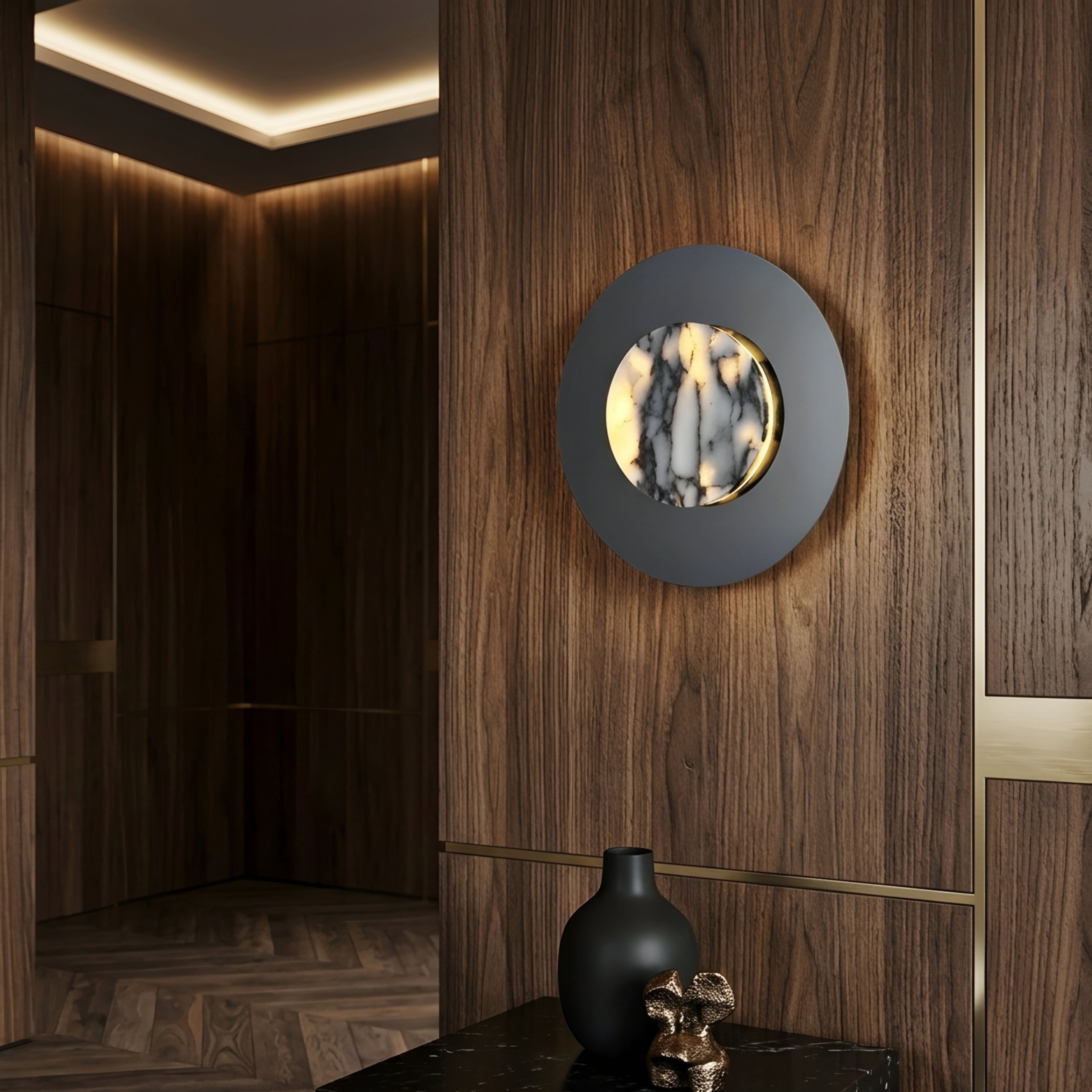 Orbyx Marble Wall Sconce – Modern Round Black Metal Decorative Lighting Bedroom Living Room
