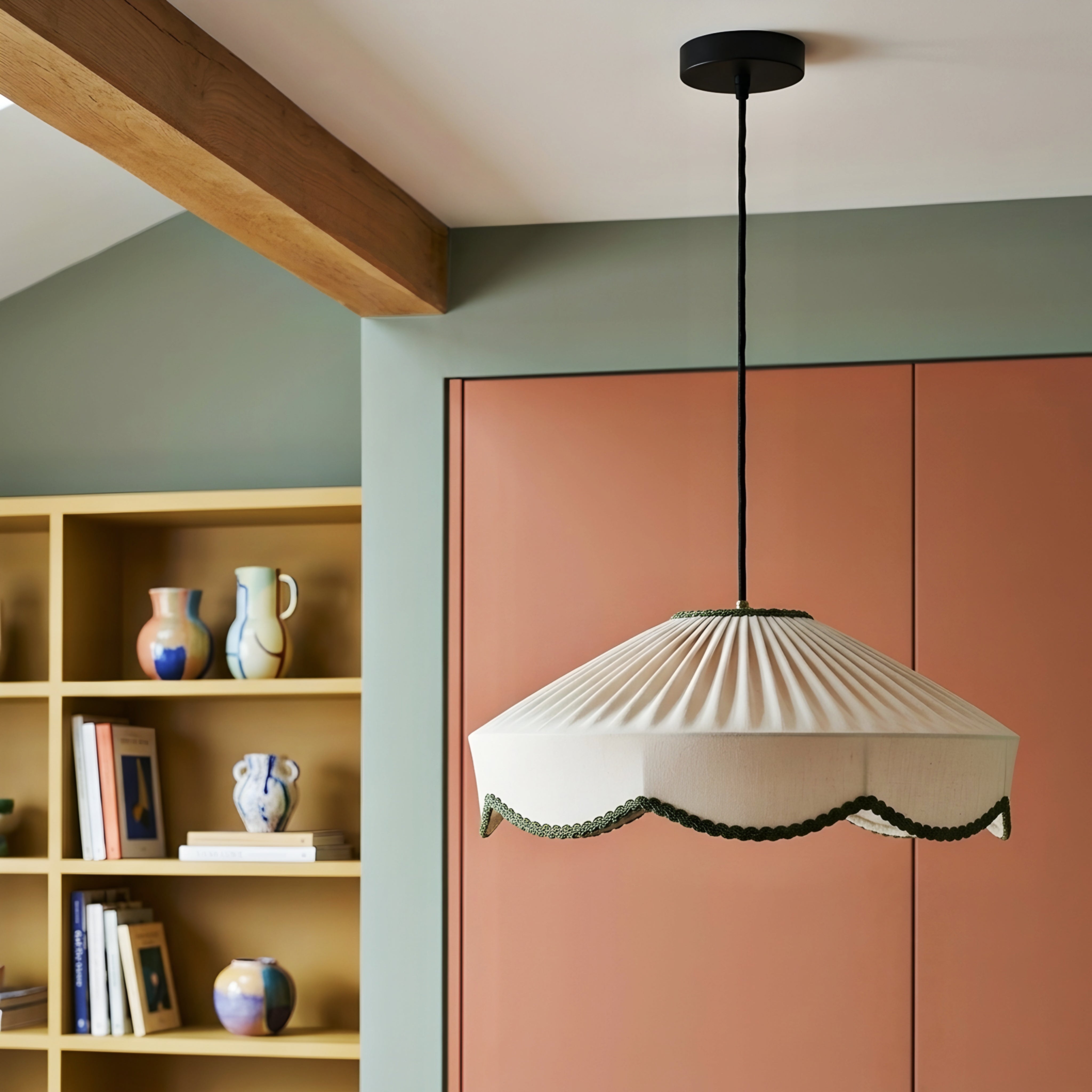 Bewa Scalloped Pendant Light – Fabric Shade Ceiling Hanging Lamp Dining Room Living Room Decorative Lighting