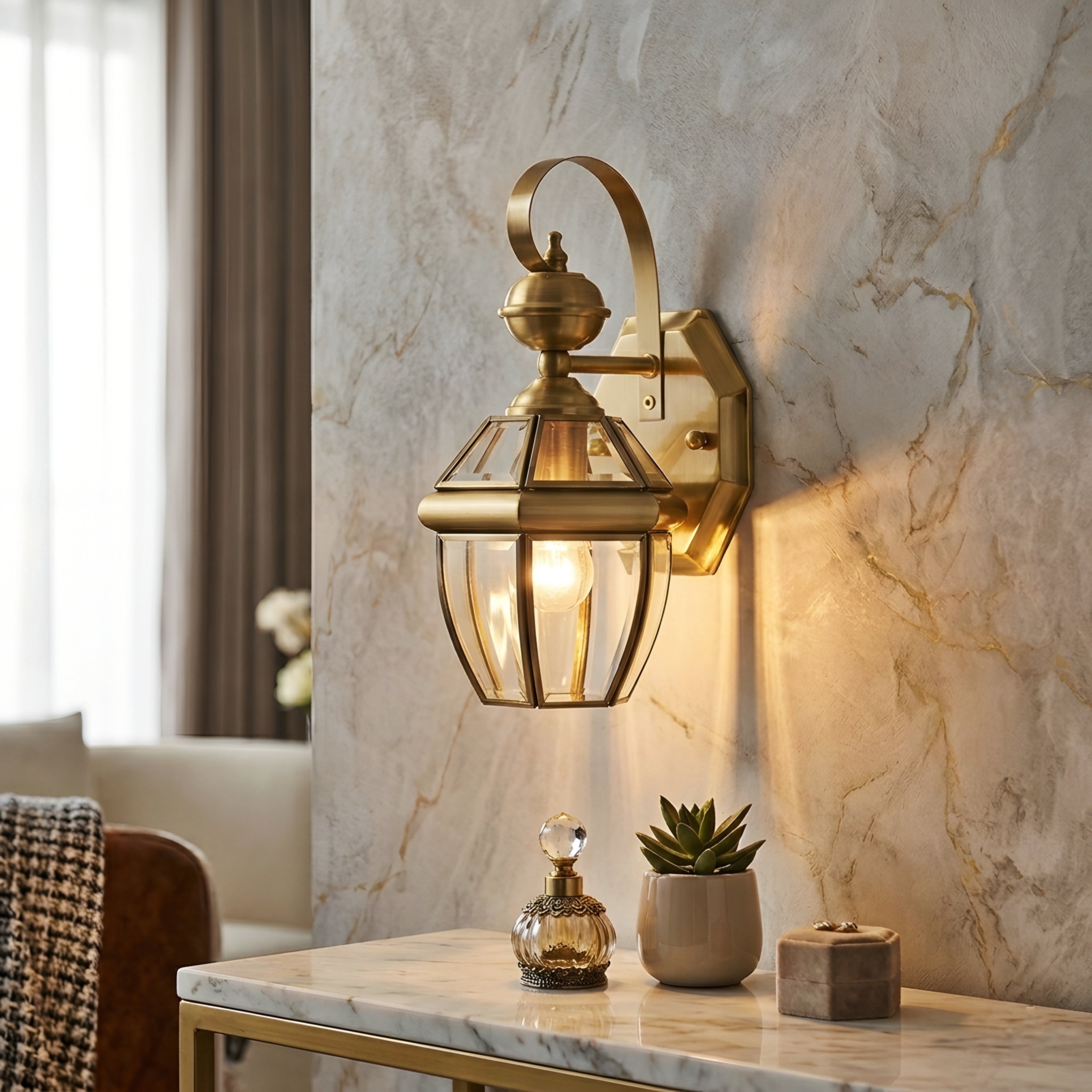 Verance Lantern Wall Sconce – Brass Outdoor Indoor Decorative Lighting Candle Style Glass Fixture Entryway