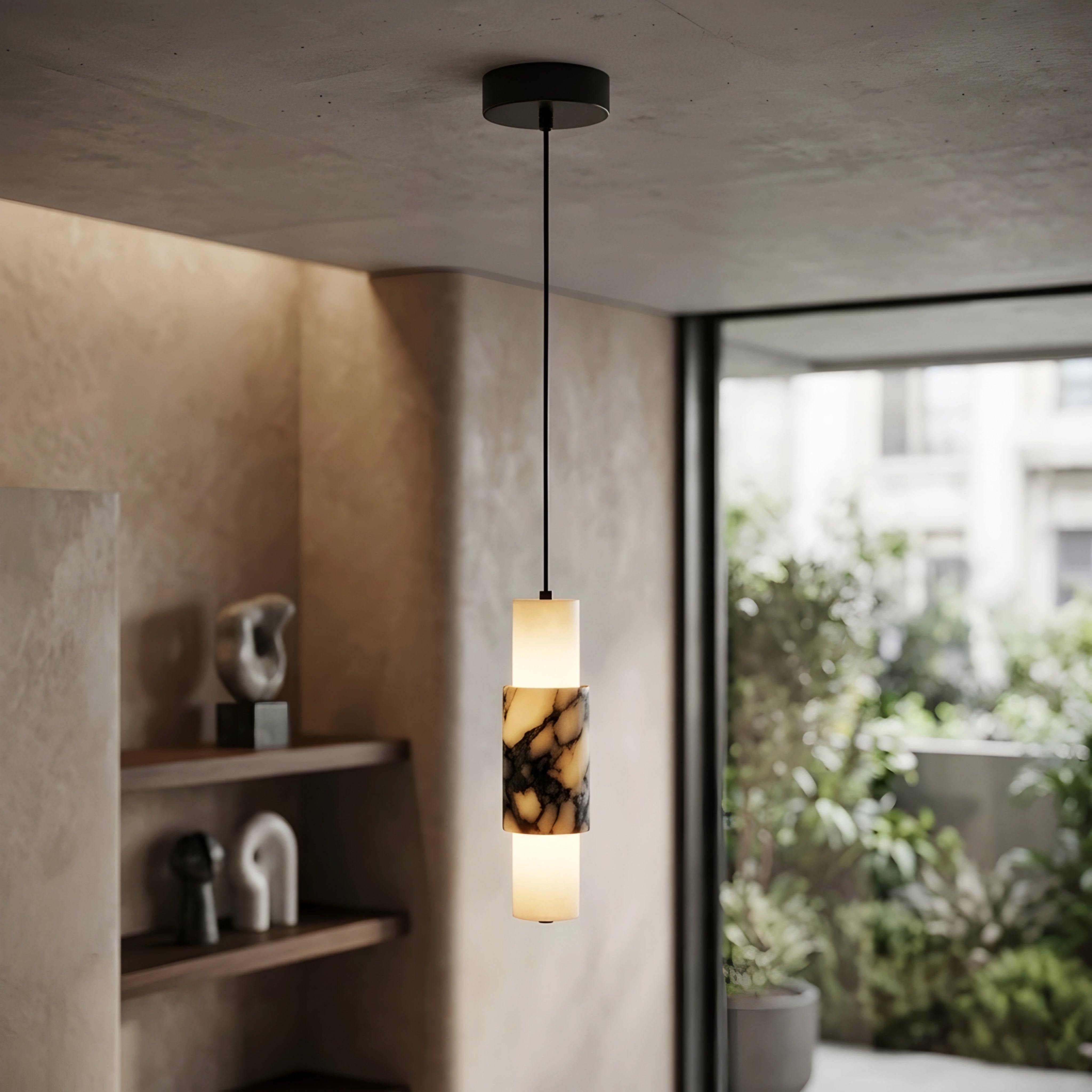 Veinaro Marble Pendant Light – Modern Cylindrical Hanging Lighting Fixture Dining Room Kitchen Island
