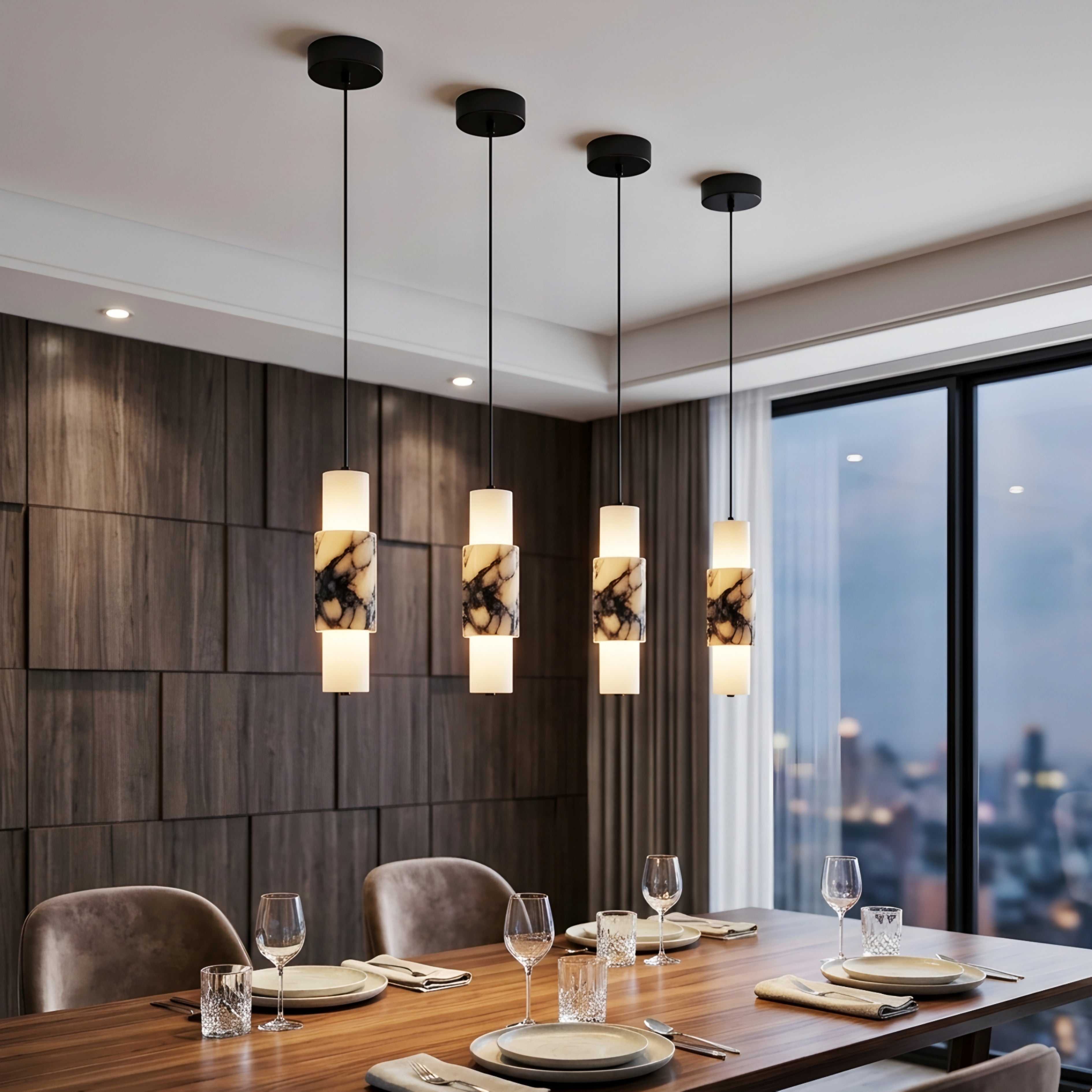 Veinaro Marble Pendant Light – Modern Cylindrical Hanging Lighting Fixture Dining Room Kitchen Island