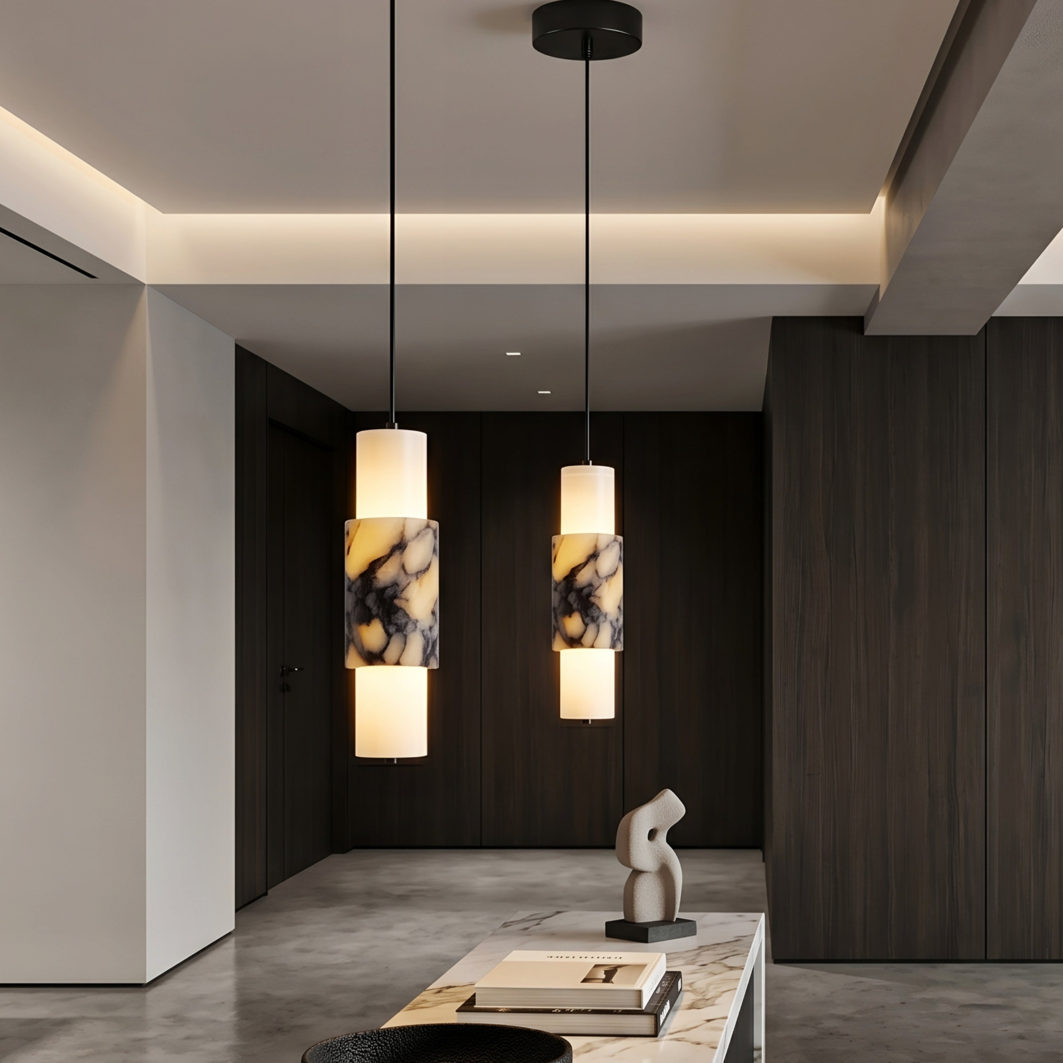 Veinaro Marble Pendant Light – Modern Cylindrical Hanging Lighting Fixture Dining Room Kitchen Island